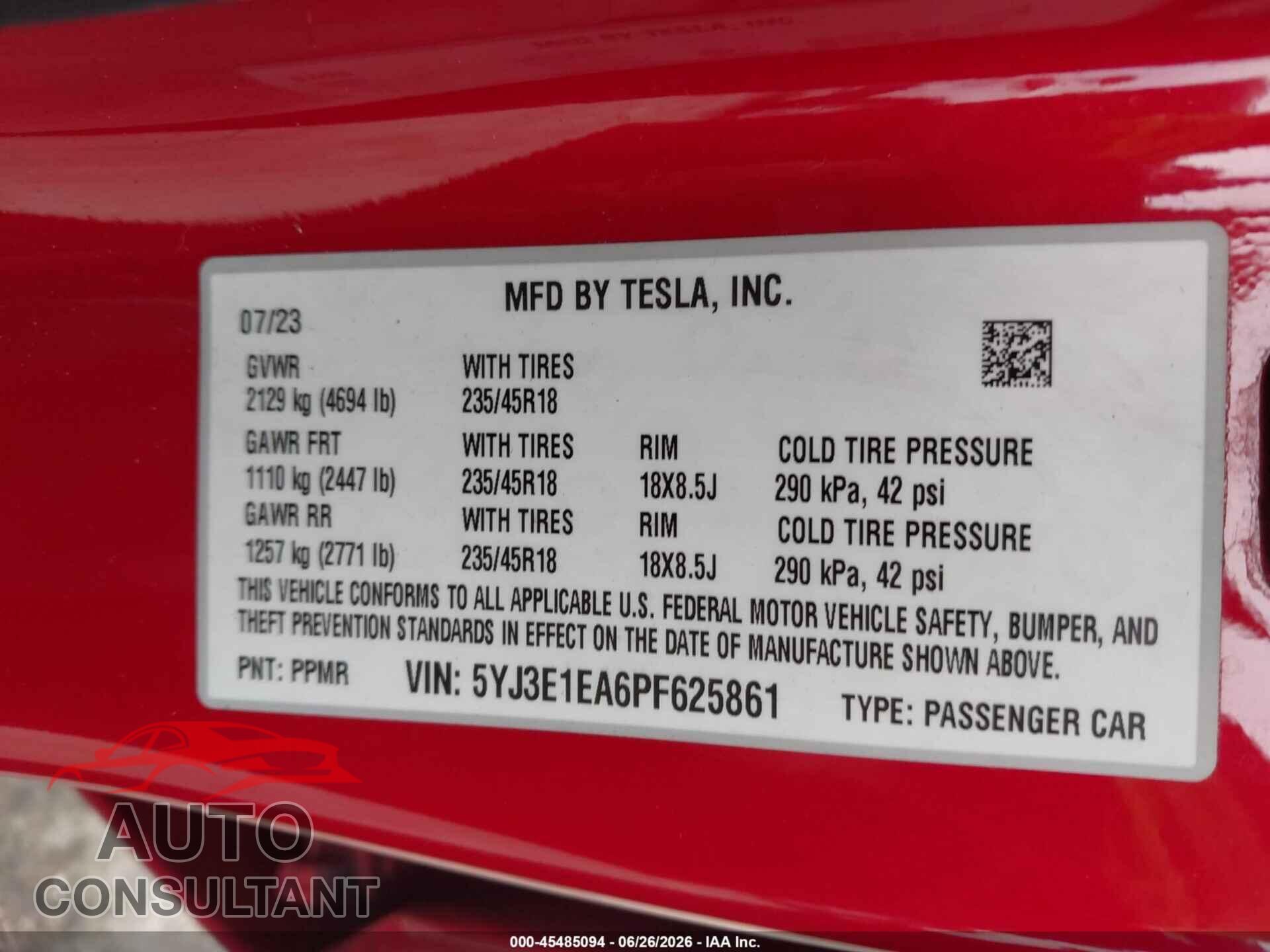 TESLA MODEL 3 2023 - 5YJ3E1EA6PF625861