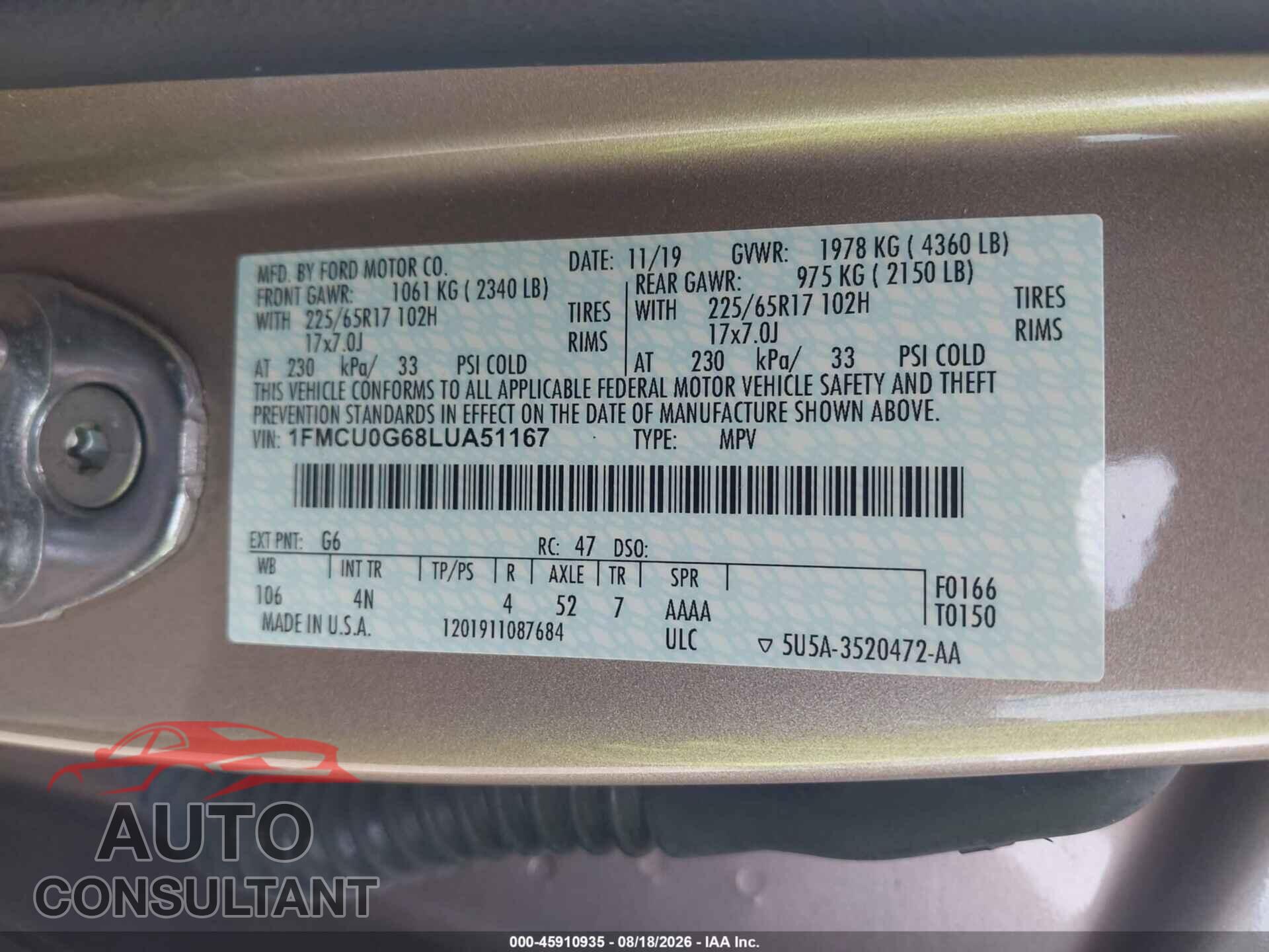 FORD ESCAPE 2020 - 1FMCU0G68LUA51167