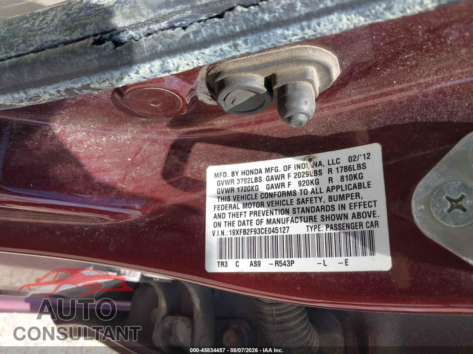 HONDA CIVIC 2012 - 19XFB2F93CE045127