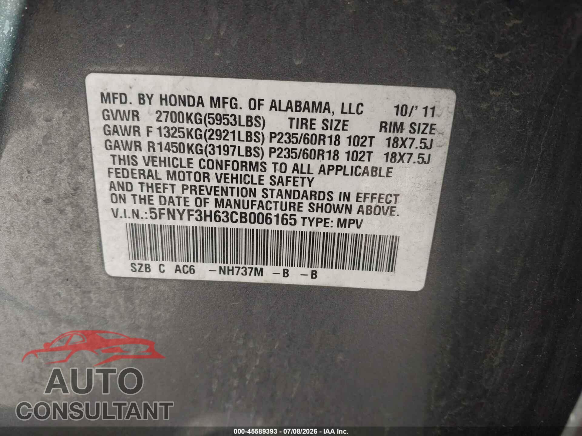 HONDA PILOT 2012 - 5FNYF3H63CB006165
