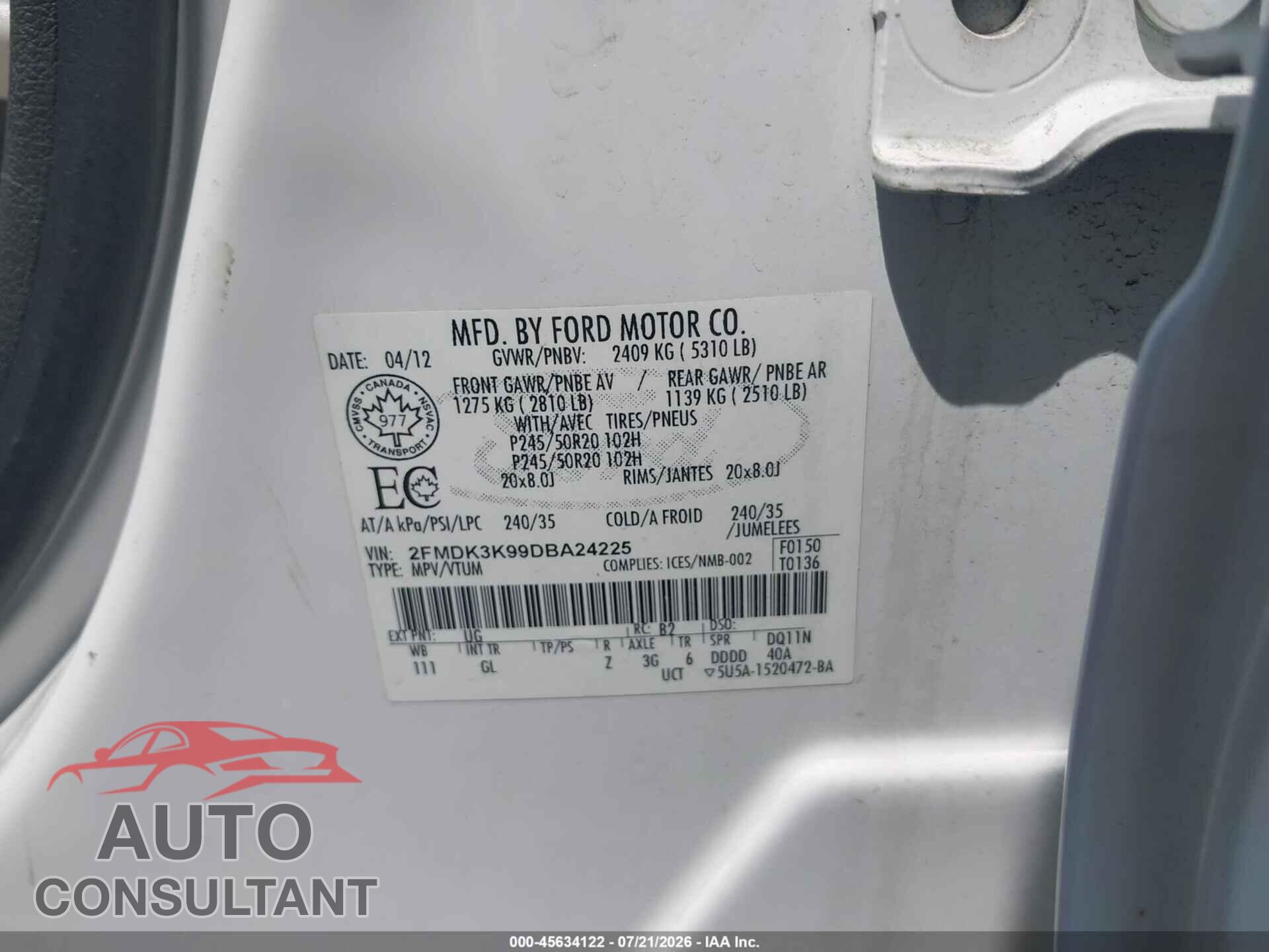 FORD EDGE 2013 - 2FMDK3K99DBA24225