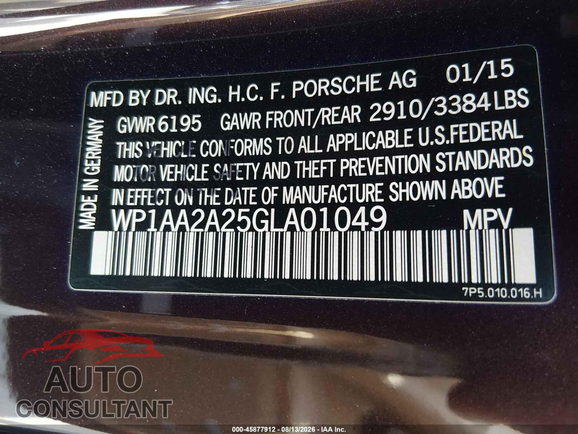 PORSCHE CAYENNE 2016 - WP1AA2A25GLA01049