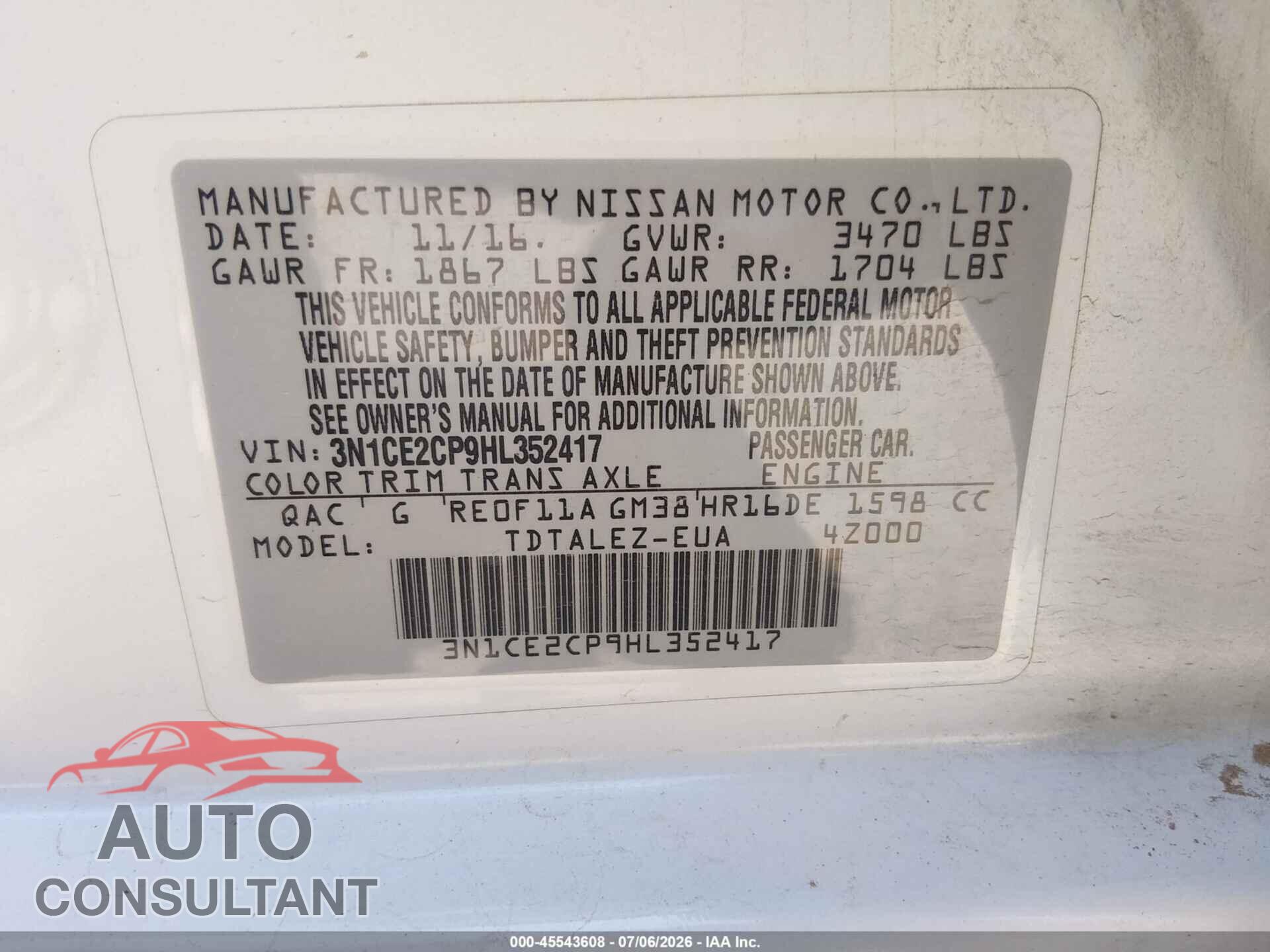 NISSAN VERSA NOTE 2017 - 3N1CE2CP9HL352417