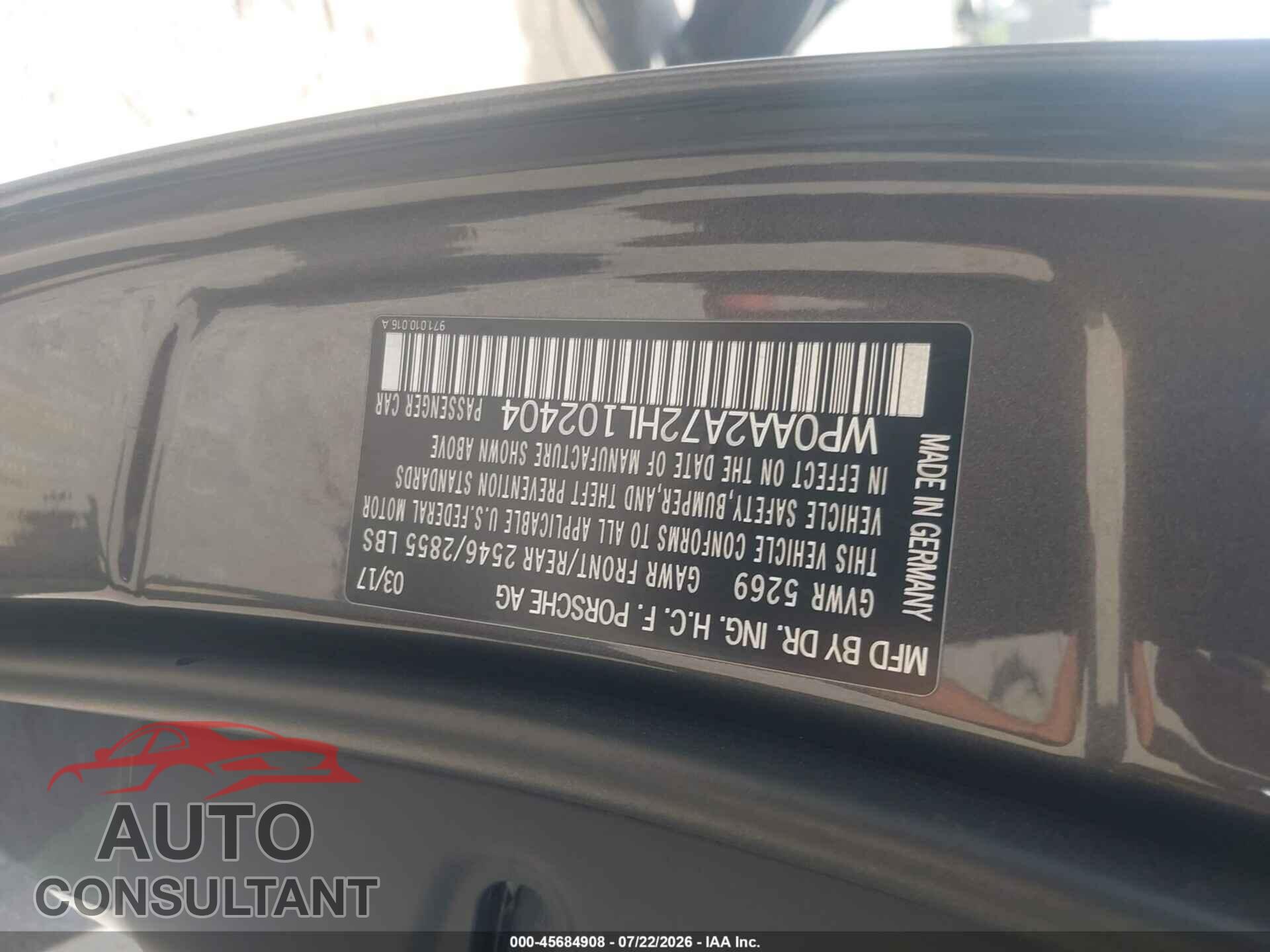 PORSCHE PANAMERA 2017 - WP0AA2A72HL102404