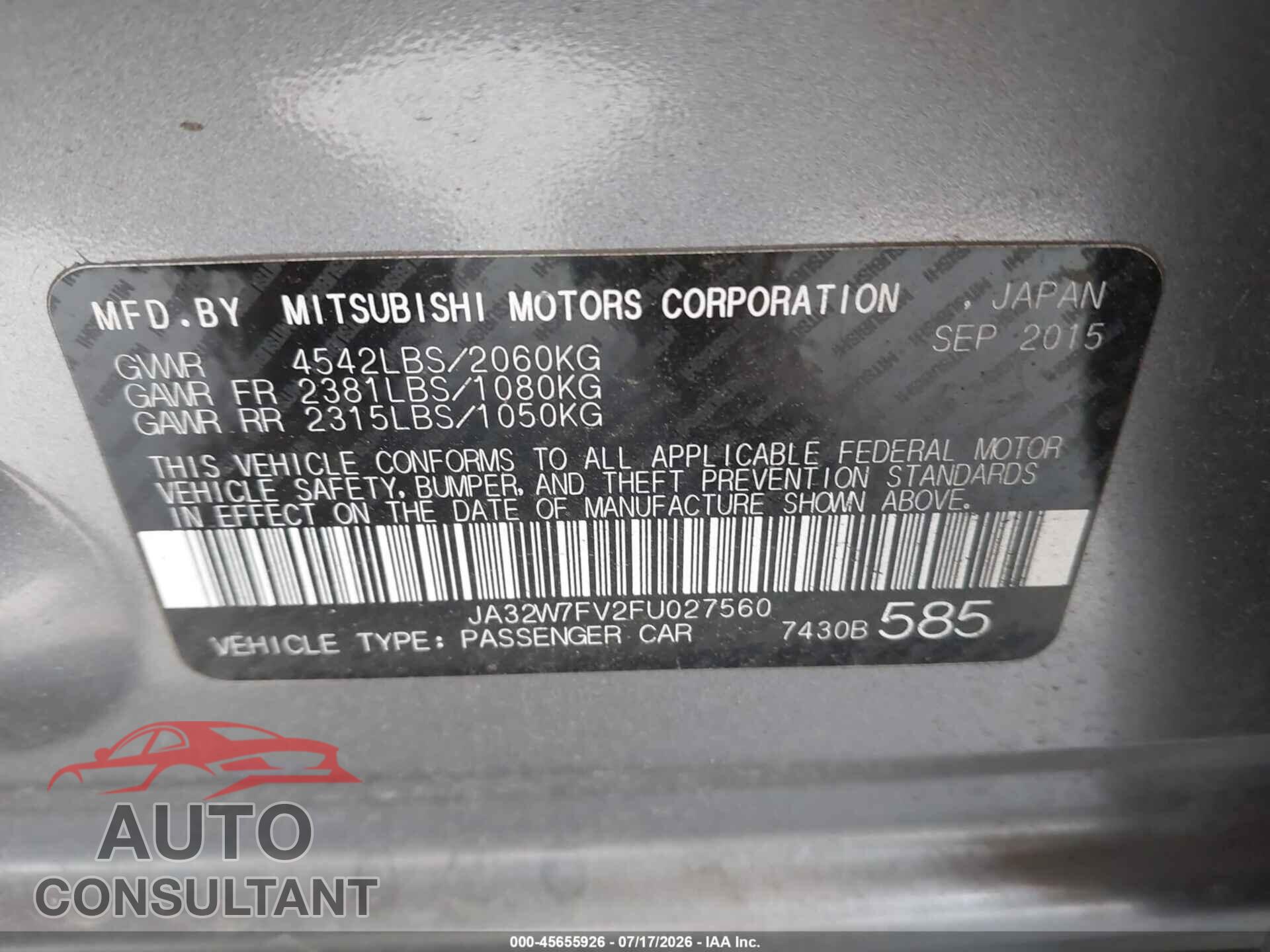 MITSUBISHI LANCER EVOLUTION 2015 - JA32W7FV2FU027560