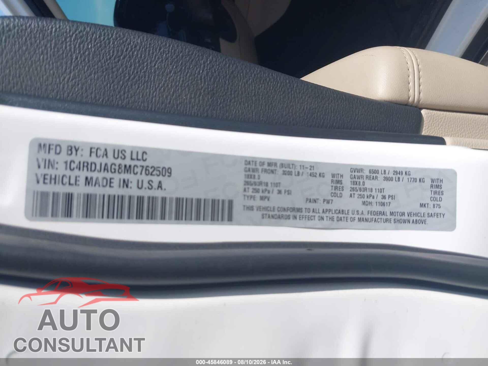 DODGE DURANGO 2021 - 1C4RDJAG8MC762509