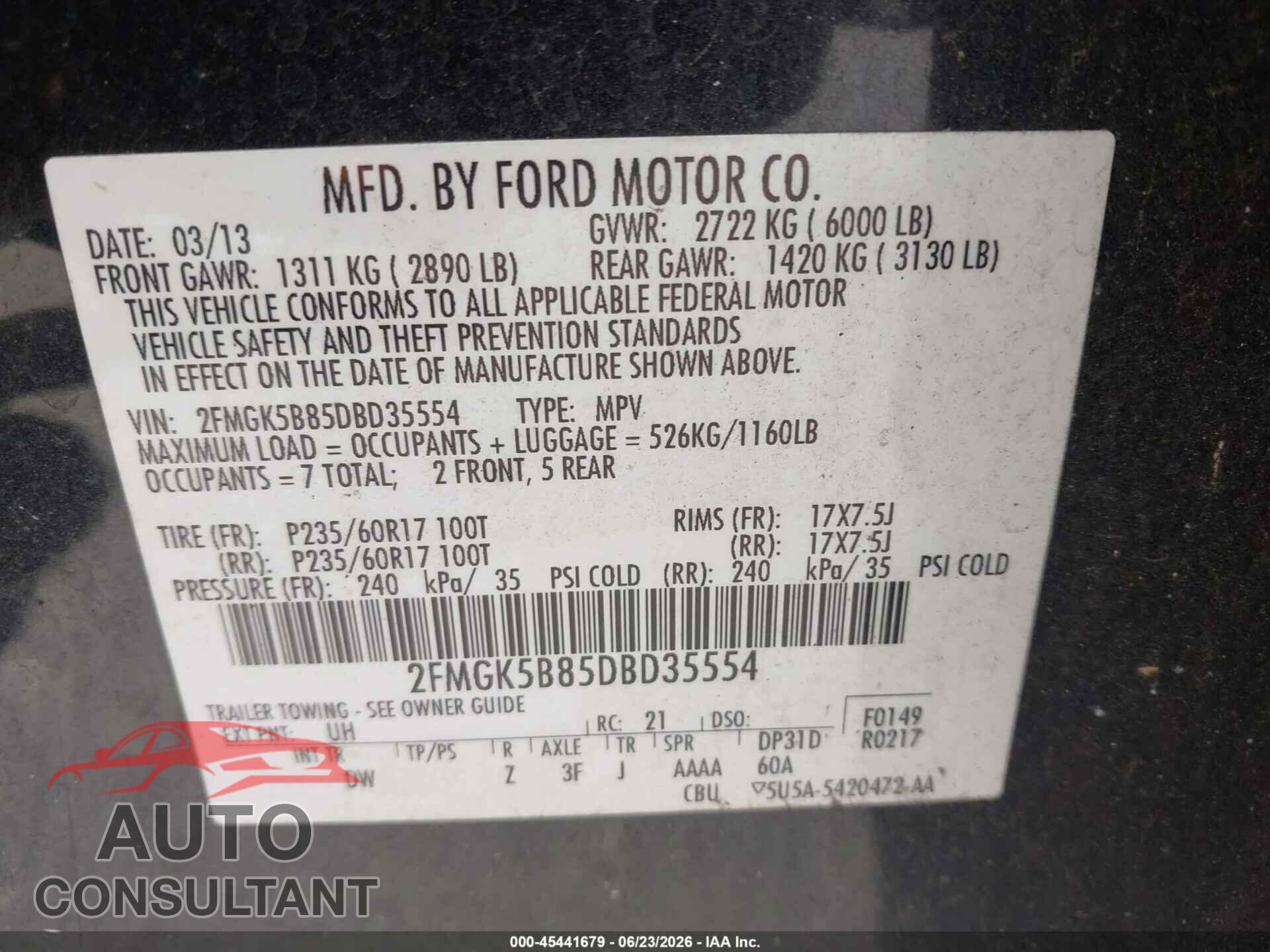 FORD FLEX 2013 - 2FMGK5B85DBD35554