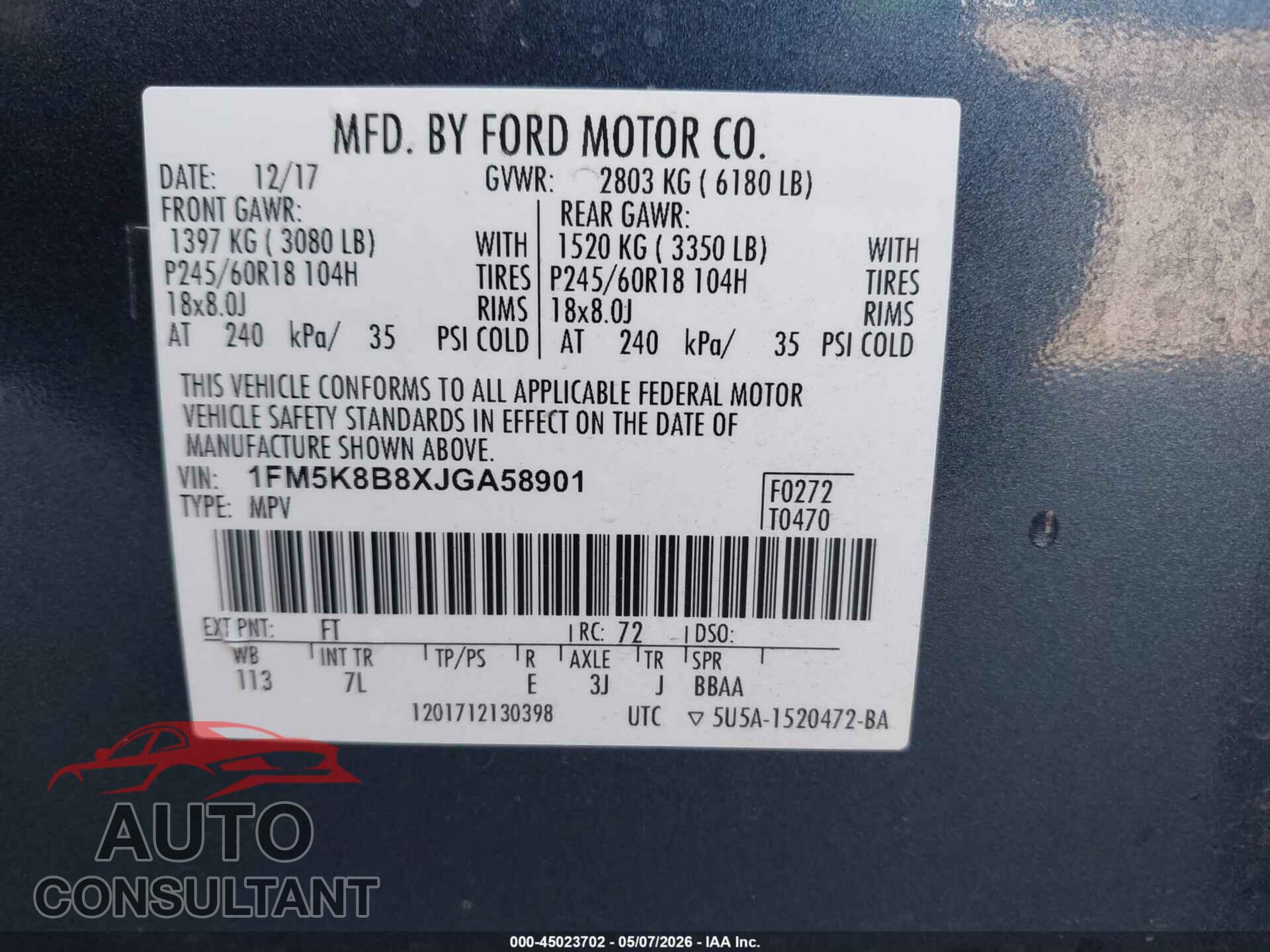FORD EXPLORER 2018 - 1FM5K8B8XJGA58901