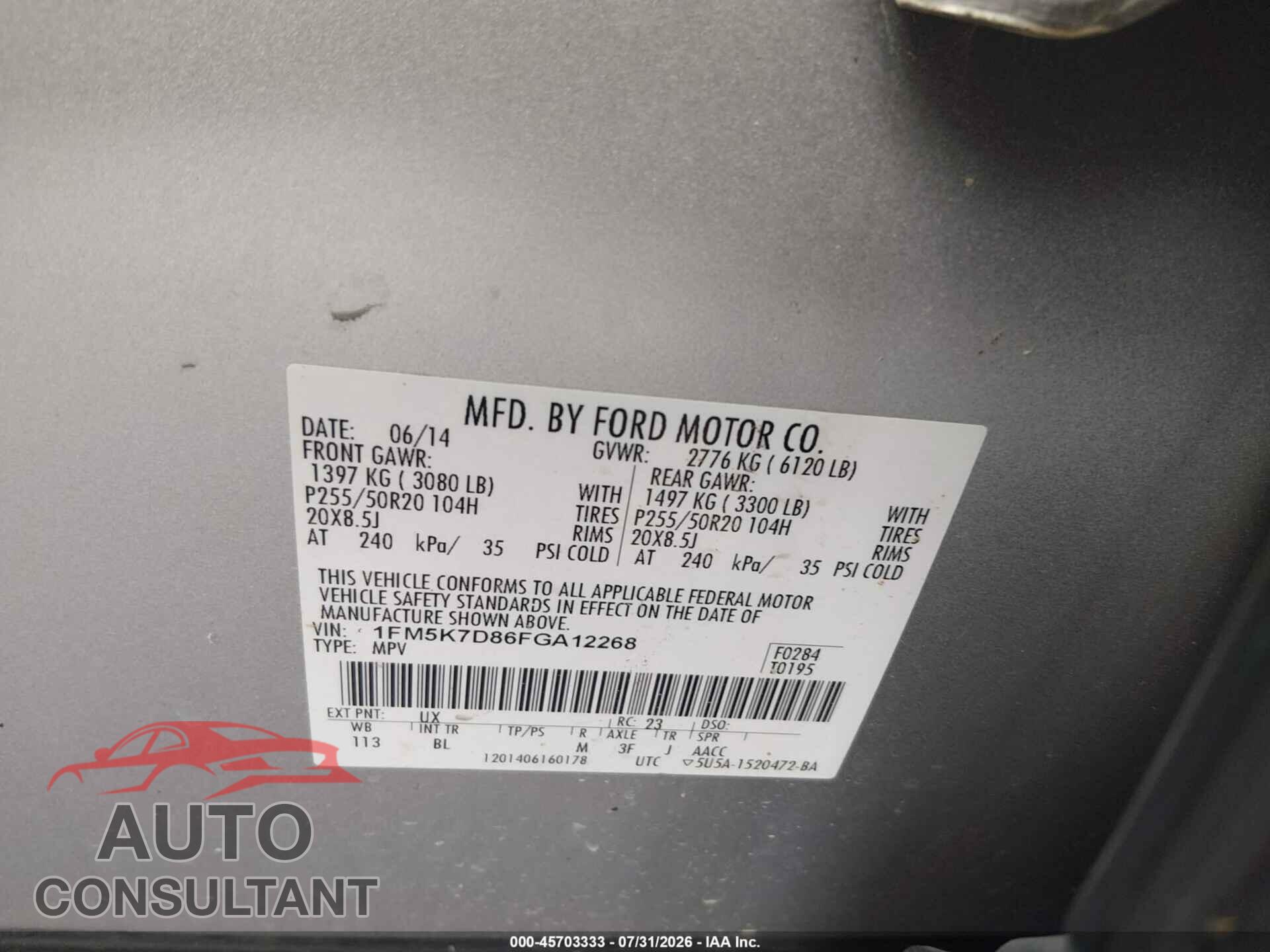 FORD EXPLORER 2015 - 1FM5K7D86FGA12268