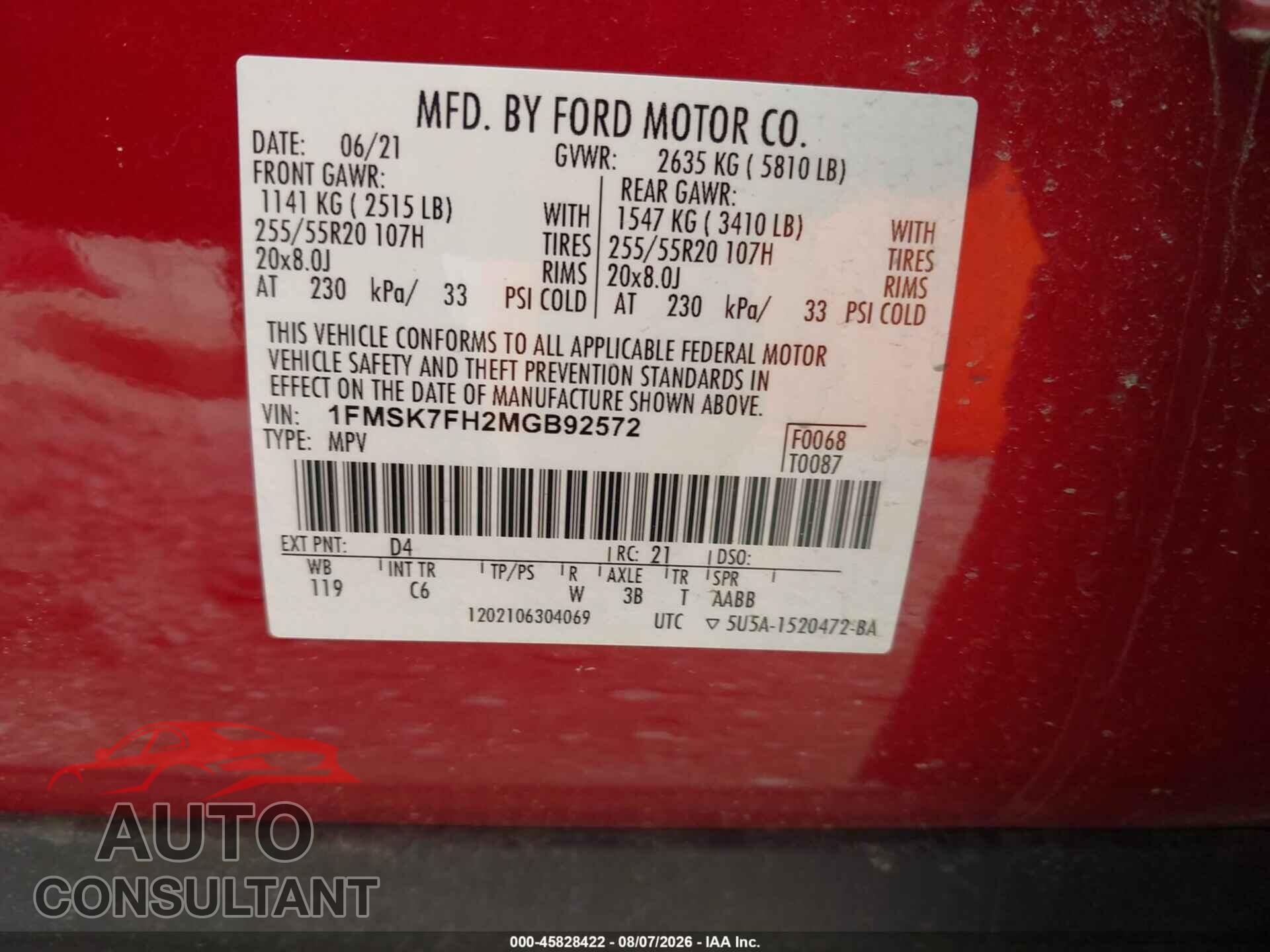 FORD EXPLORER 2021 - 1FMSK7FH2MGB92572