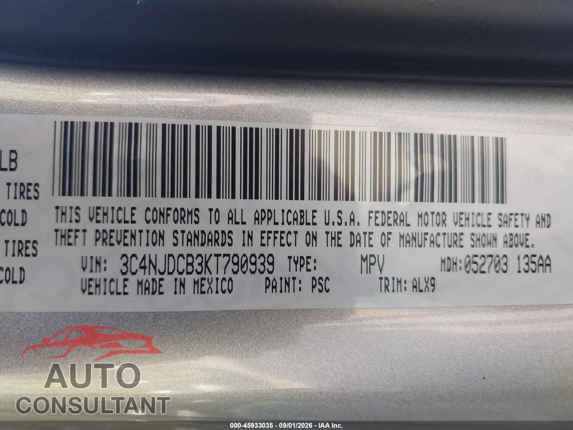 JEEP COMPASS 2019 - 3C4NJDCB3KT790939