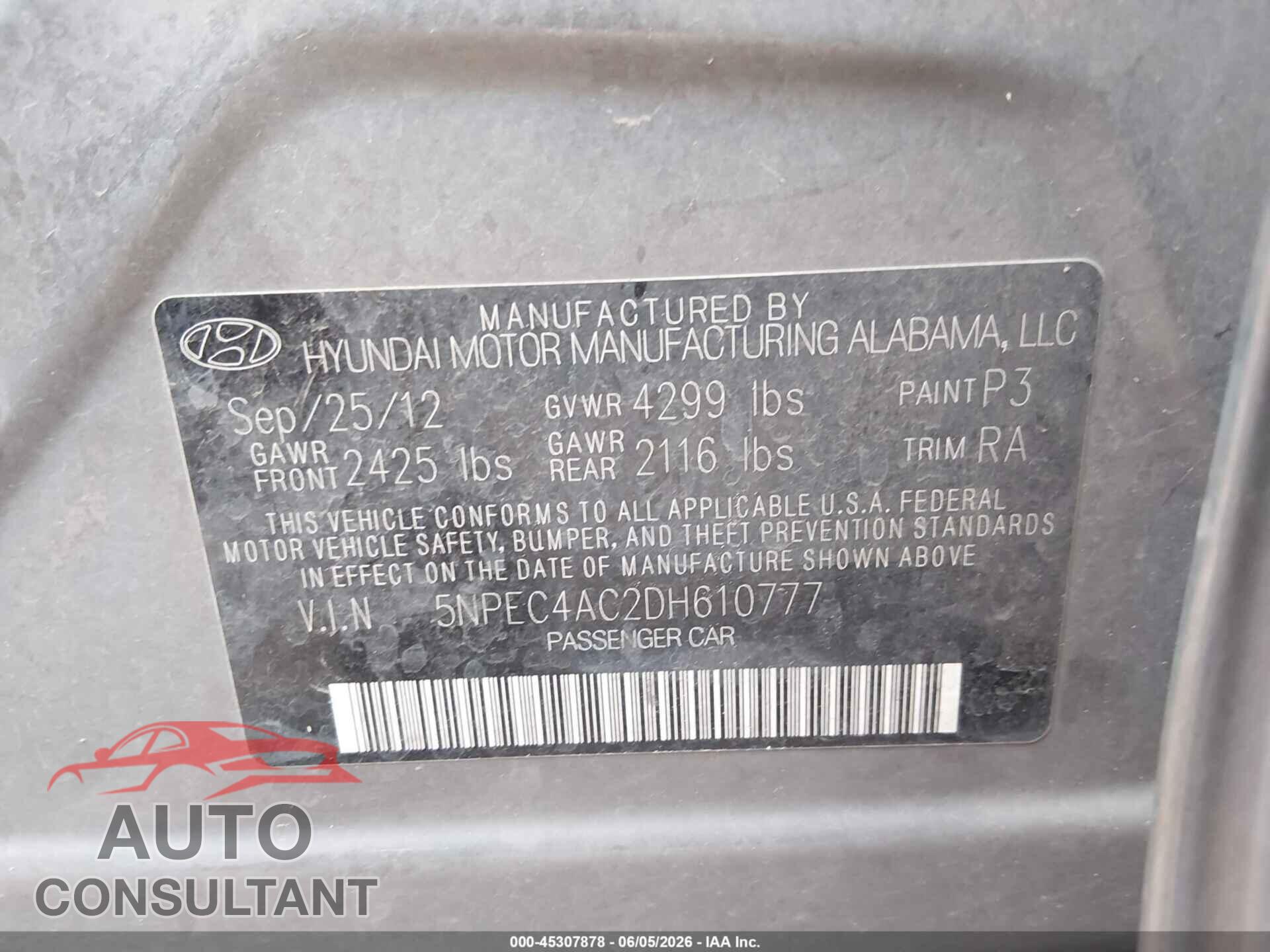 HYUNDAI SONATA 2013 - 5NPEC4AC2DH610777