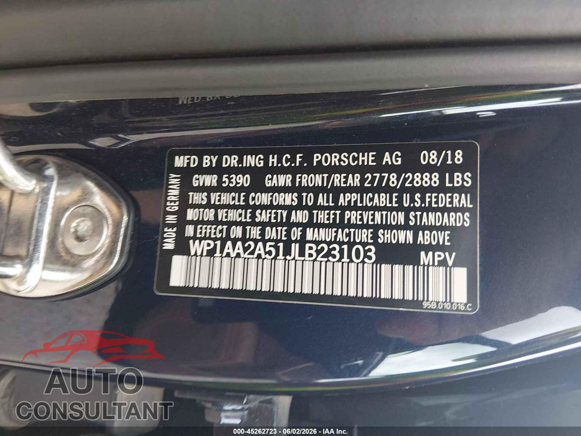 PORSCHE MACAN 2018 - WP1AA2A51JLB23103