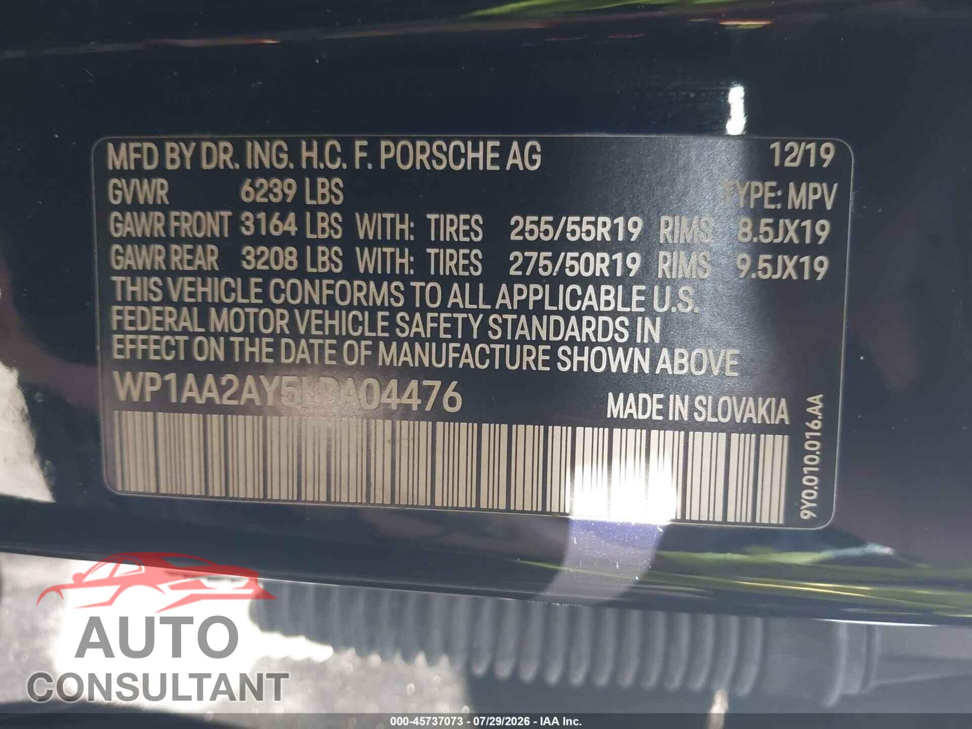 PORSCHE CAYENNE 2020 - WP1AA2AY5LDA04476