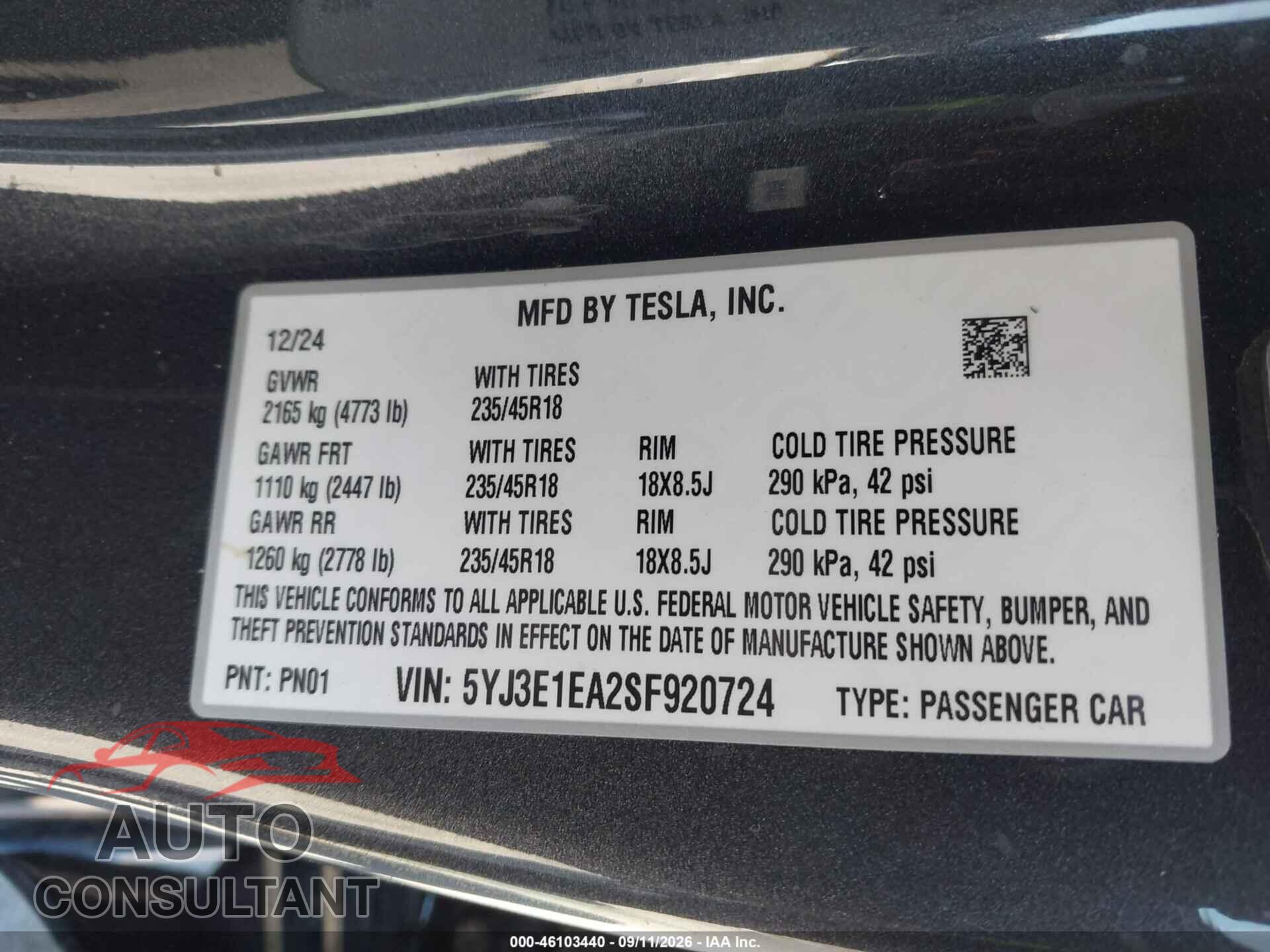 TESLA MODEL 3 2025 - 5YJ3E1EA2SF920724