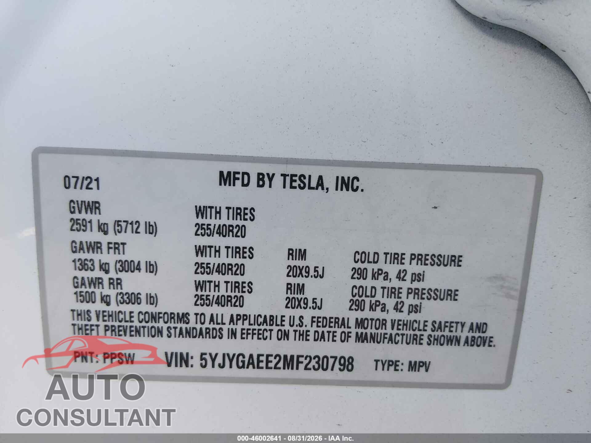 TESLA MODEL Y 2021 - 5YJYGAEE2MF230798