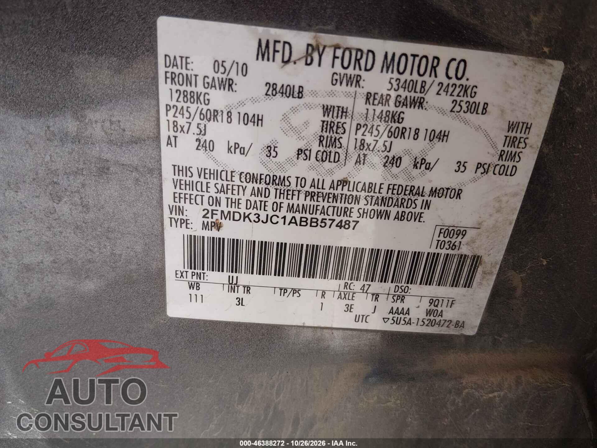 FORD EDGE 2010 - 2FMDK3JC1ABB57487