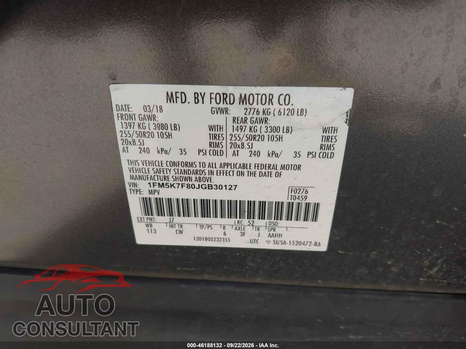 FORD EXPLORER 2018 - 1FM5K7F80JGB30127