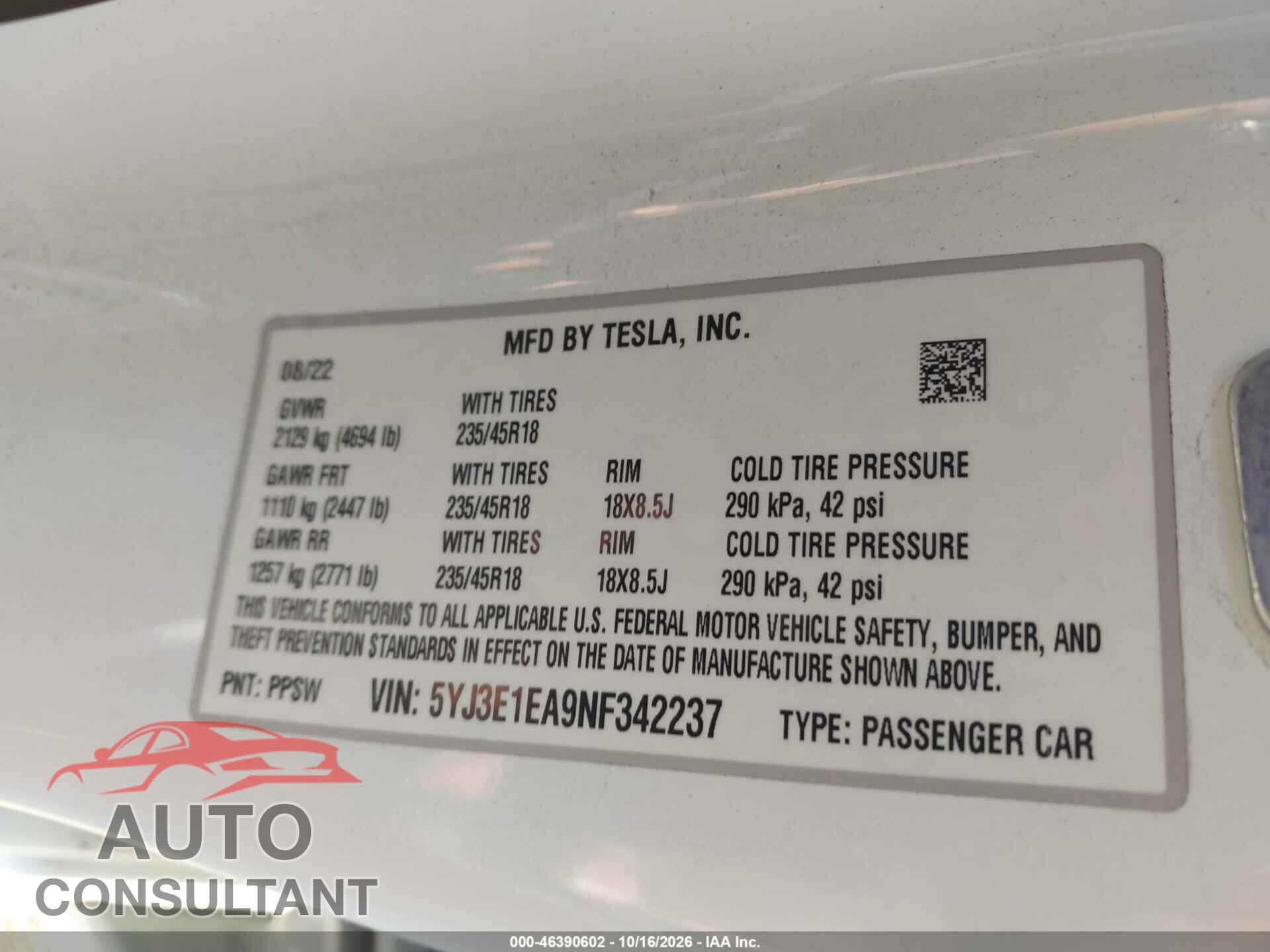 TESLA MODEL 3 2022 - 5YJ3E1EA9NF342237