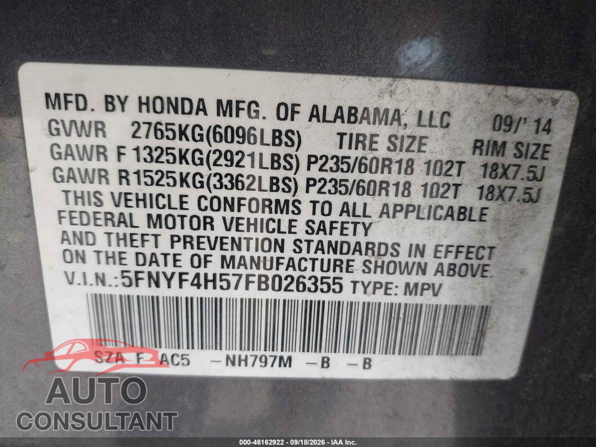 HONDA PILOT 2015 - 5FNYF4H57FB026355