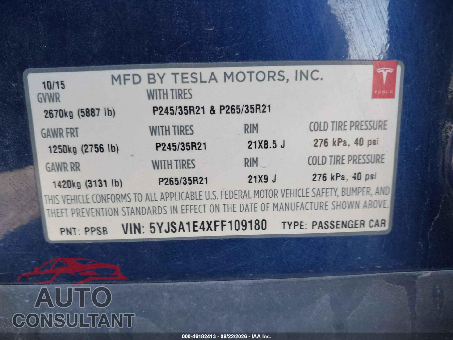 TESLA MODEL S 2015 - 5YJSA1E4XFF109180