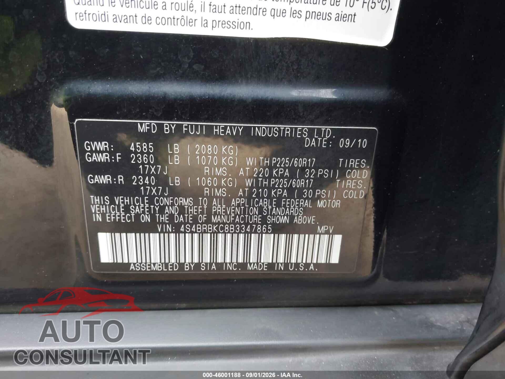 SUBARU OUTBACK 2011 - 4S4BRBKC8B3347865