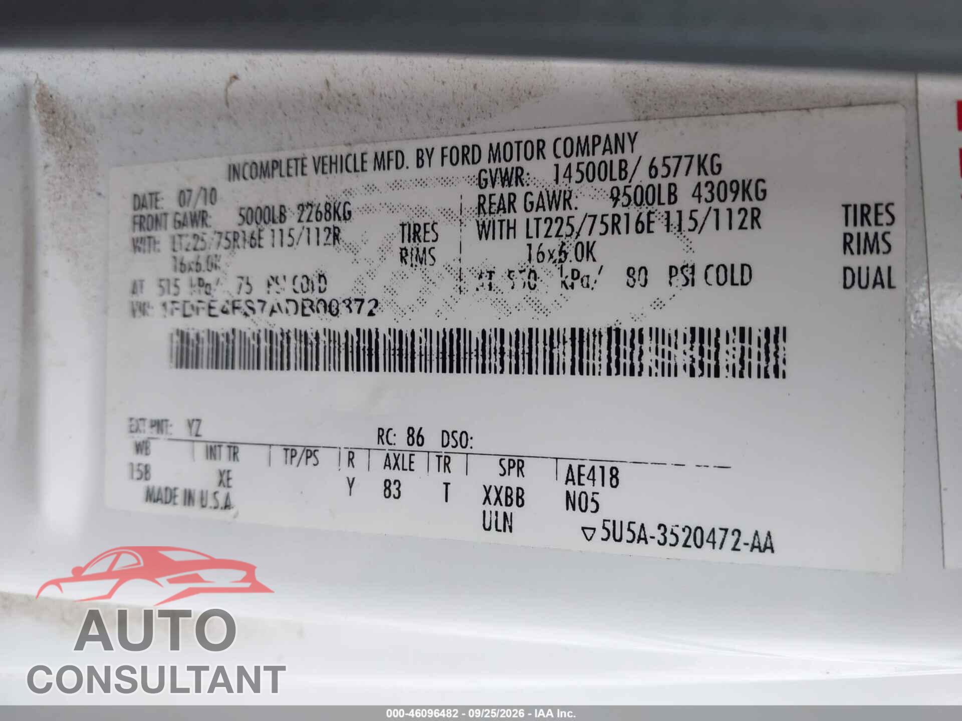 FORD E-450 CUTAWAY 2010 - 1FDFE4FS7ADB00372