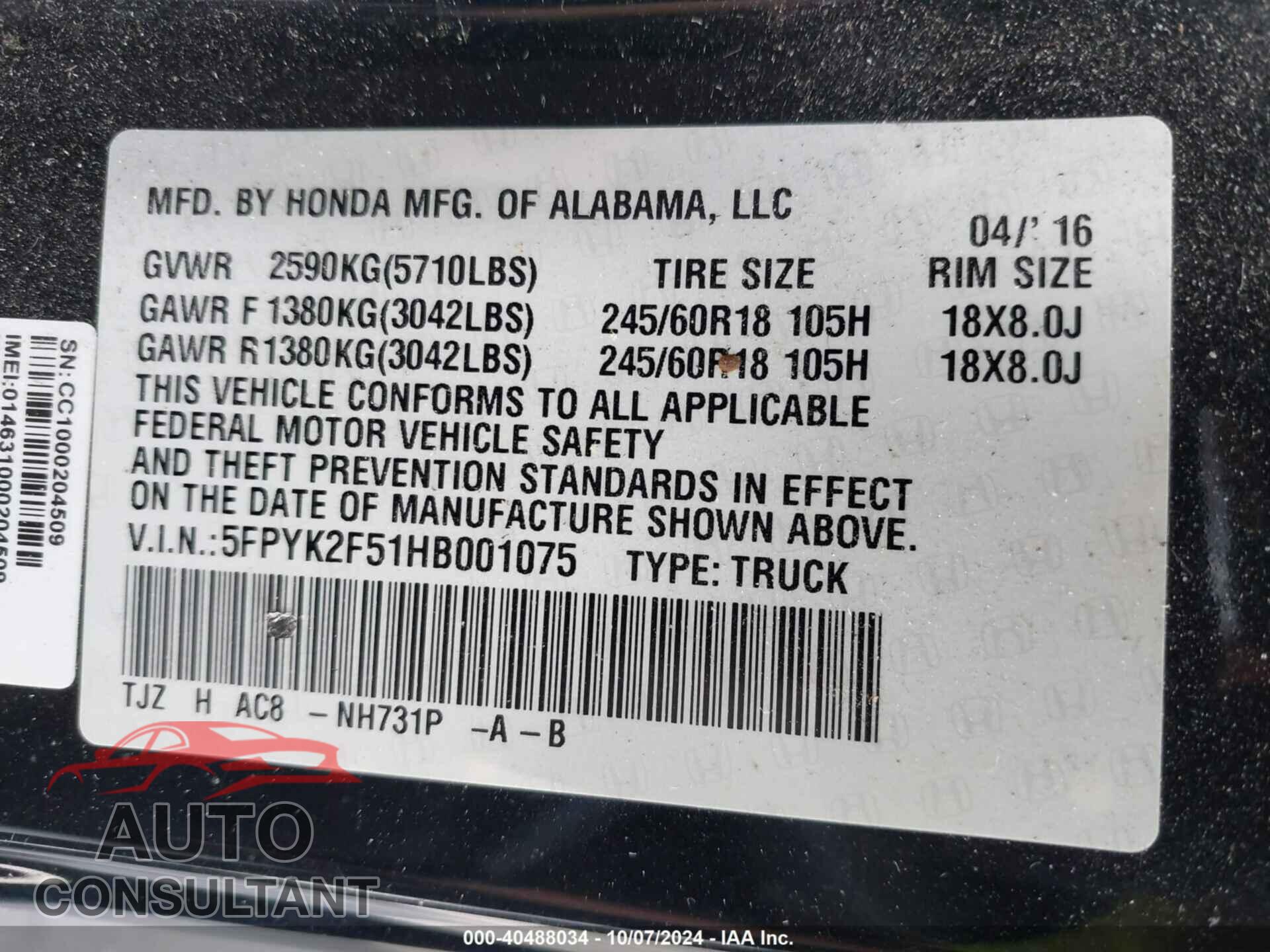 HONDA RIDGELINE 2017 - 5FPYK2F51HB001075