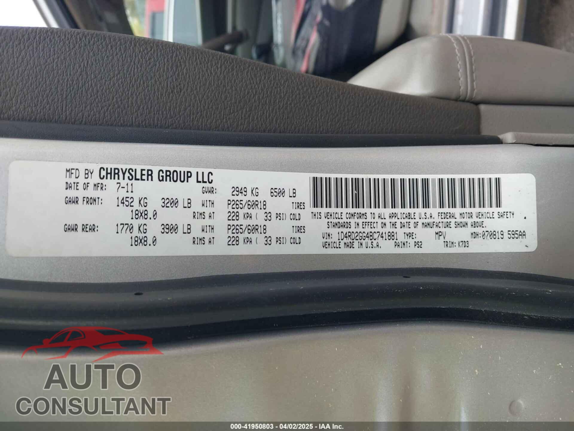 DODGE DURANGO 2011 - 1D4RD2GG4BC741881