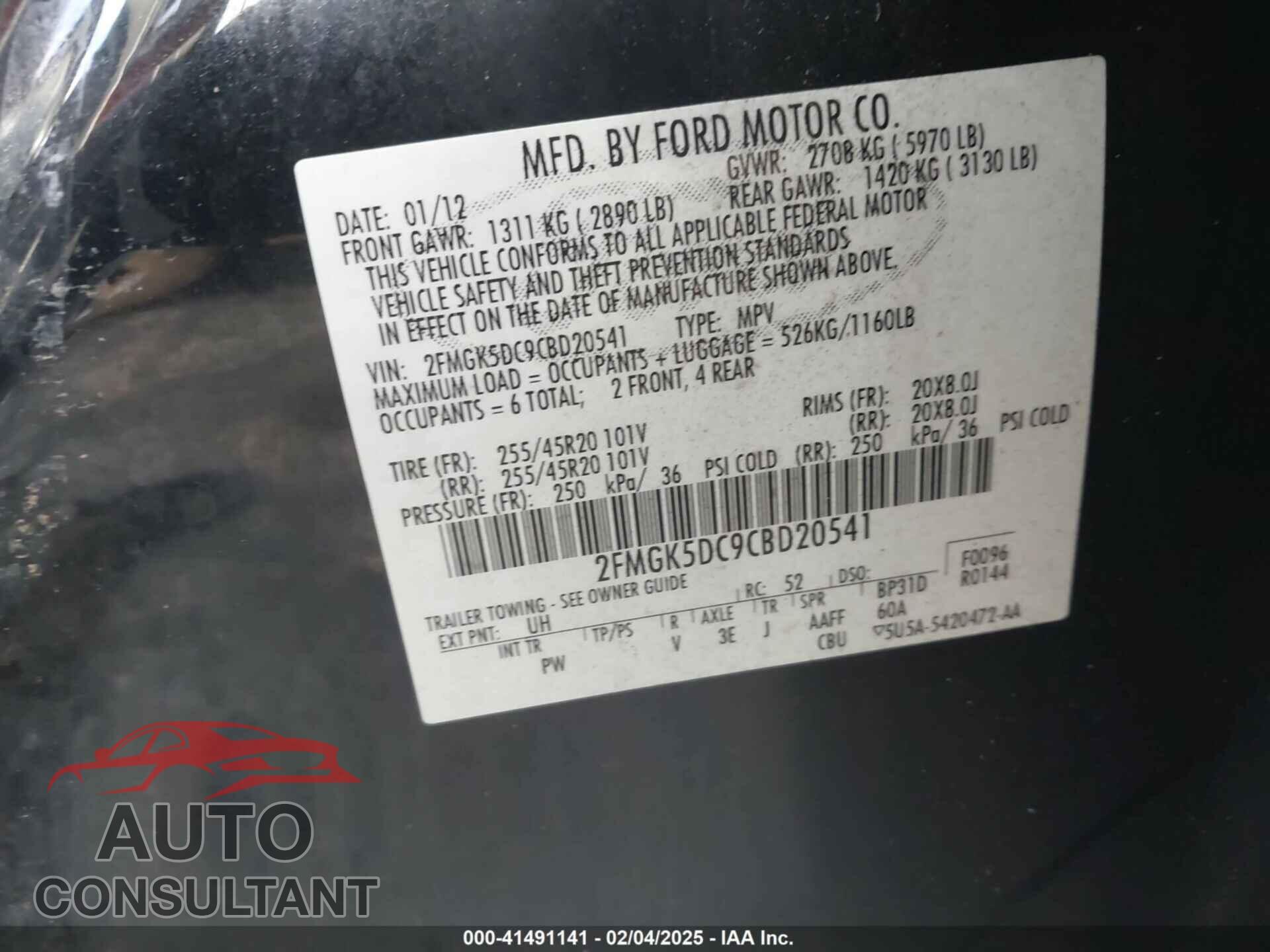 FORD FLEX 2012 - 2FMGK5DC9CBD20541