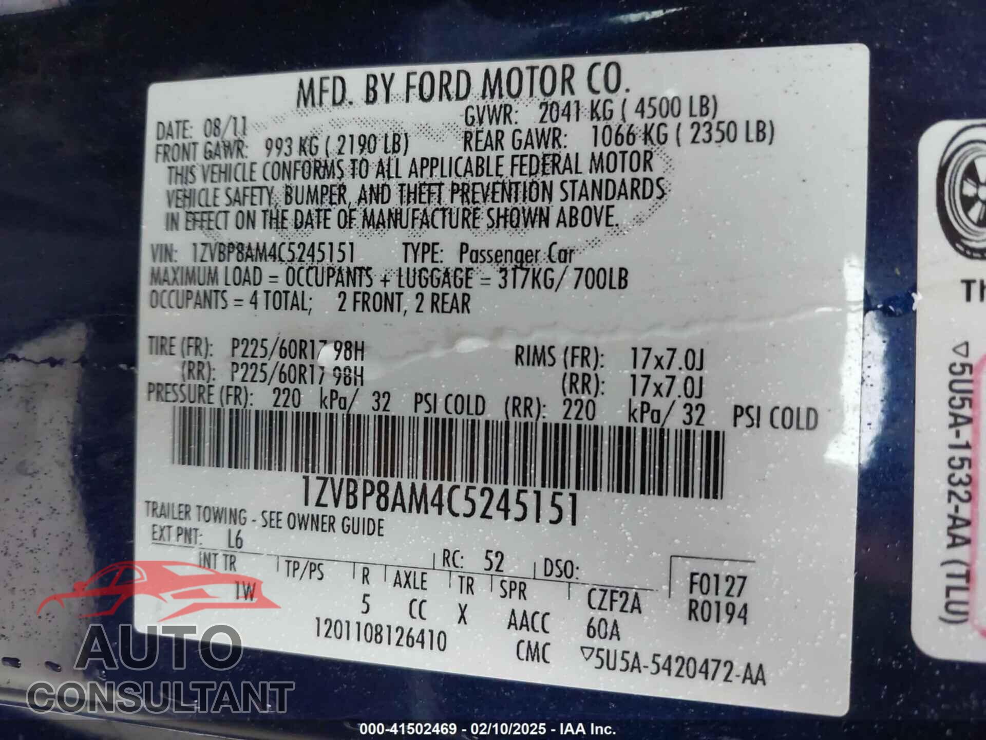 FORD MUSTANG 2012 - 1ZVBP8AM4C5245151