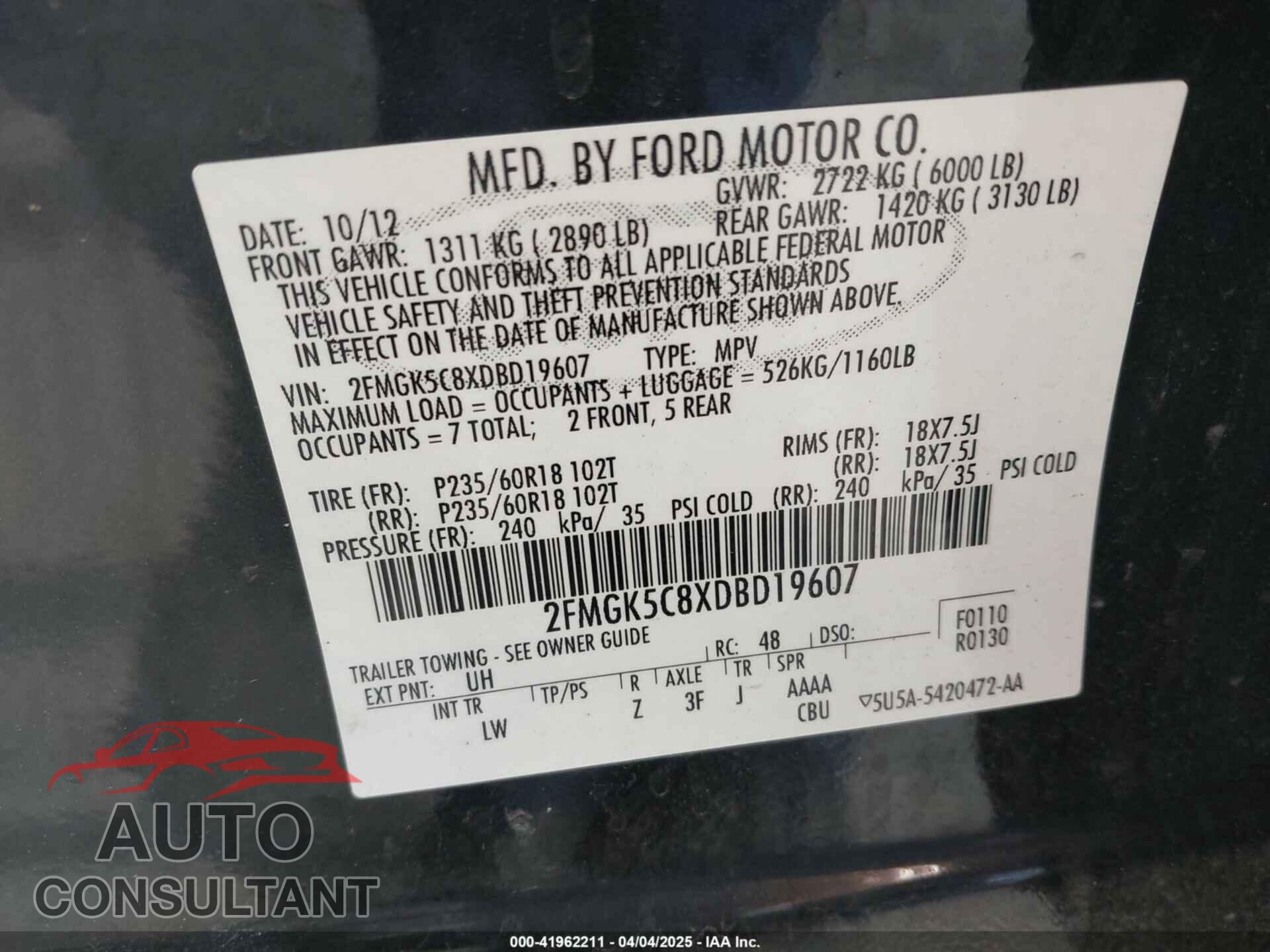 FORD FLEX 2013 - 2FMGK5C8XDBD19607