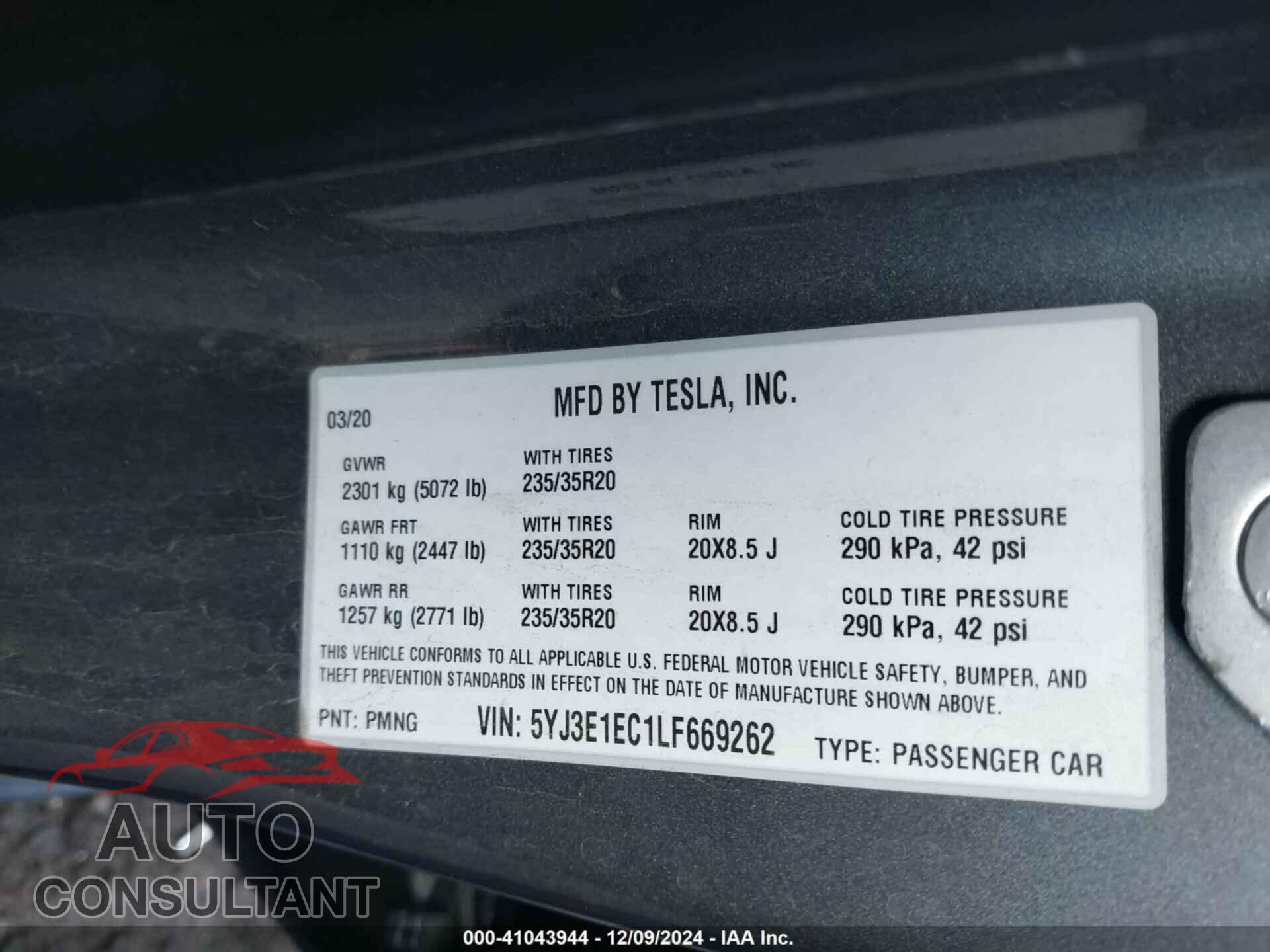 TESLA MODEL 3 2020 - 5YJ3E1EC1LF669262