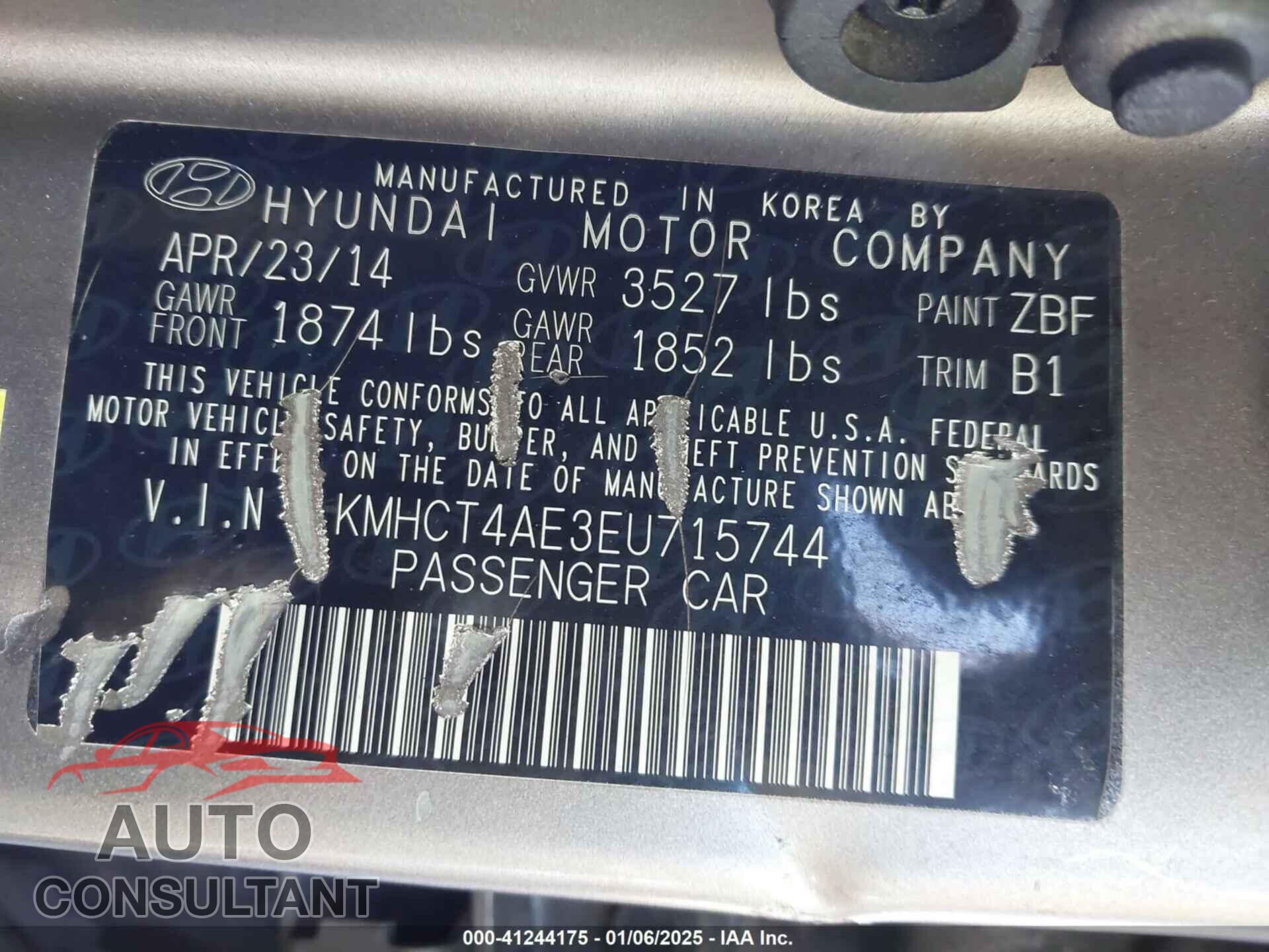 HYUNDAI ACCENT 2014 - KMHCT4AE3EU715744