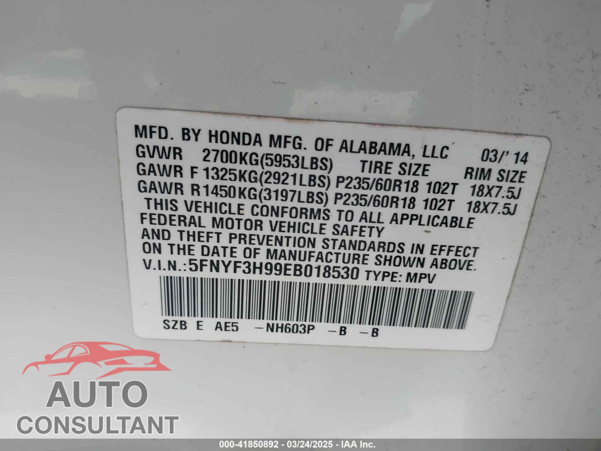 HONDA PILOT 2014 - 5FNYF3H99EB018530