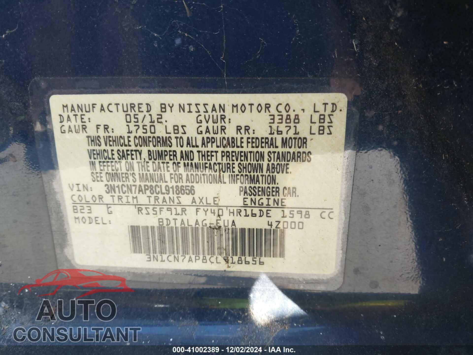 NISSAN VERSA 2012 - 3N1CN7AP8CL918656