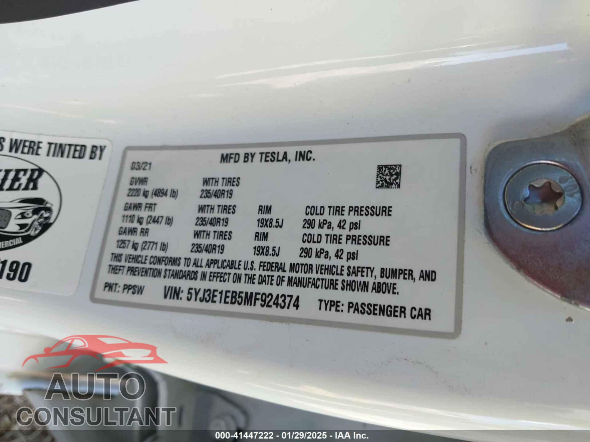 TESLA MODEL 3 2021 - 5YJ3E1EB5MF924374