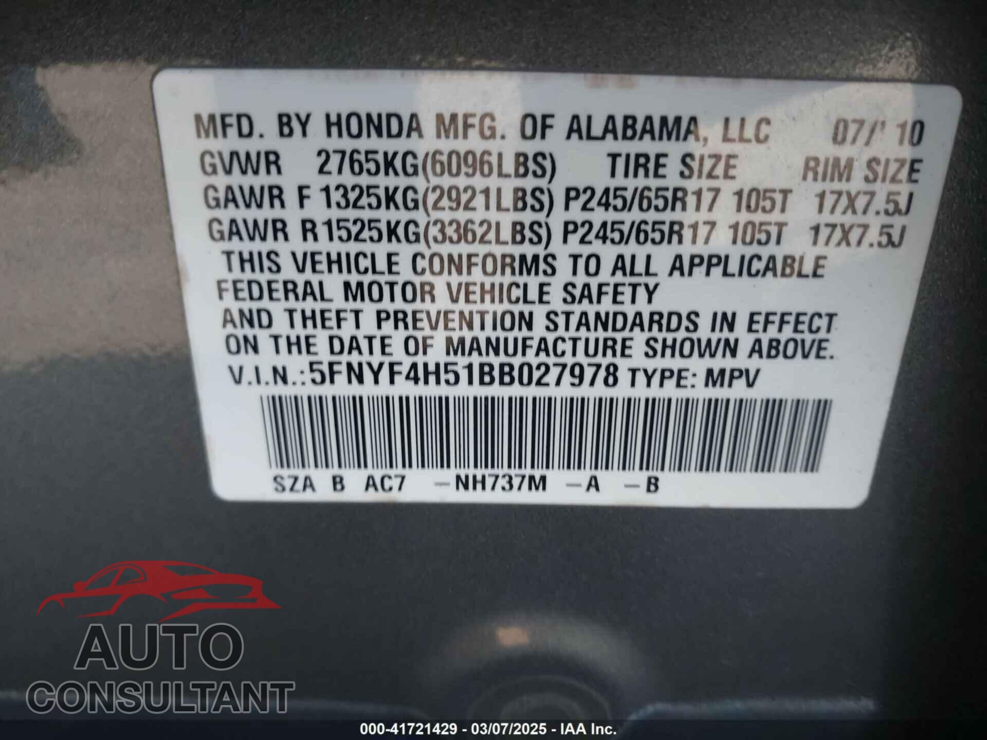 HONDA PILOT 2011 - 5FNYF4H51BB027978