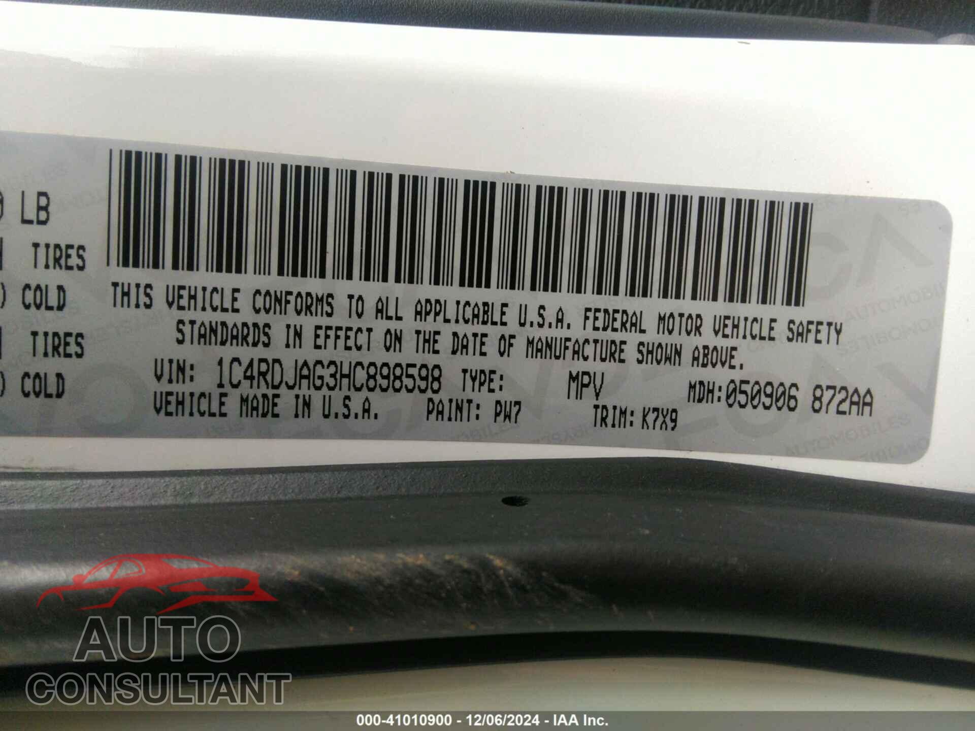 DODGE DURANGO 2017 - 1C4RDJAG3HC898598