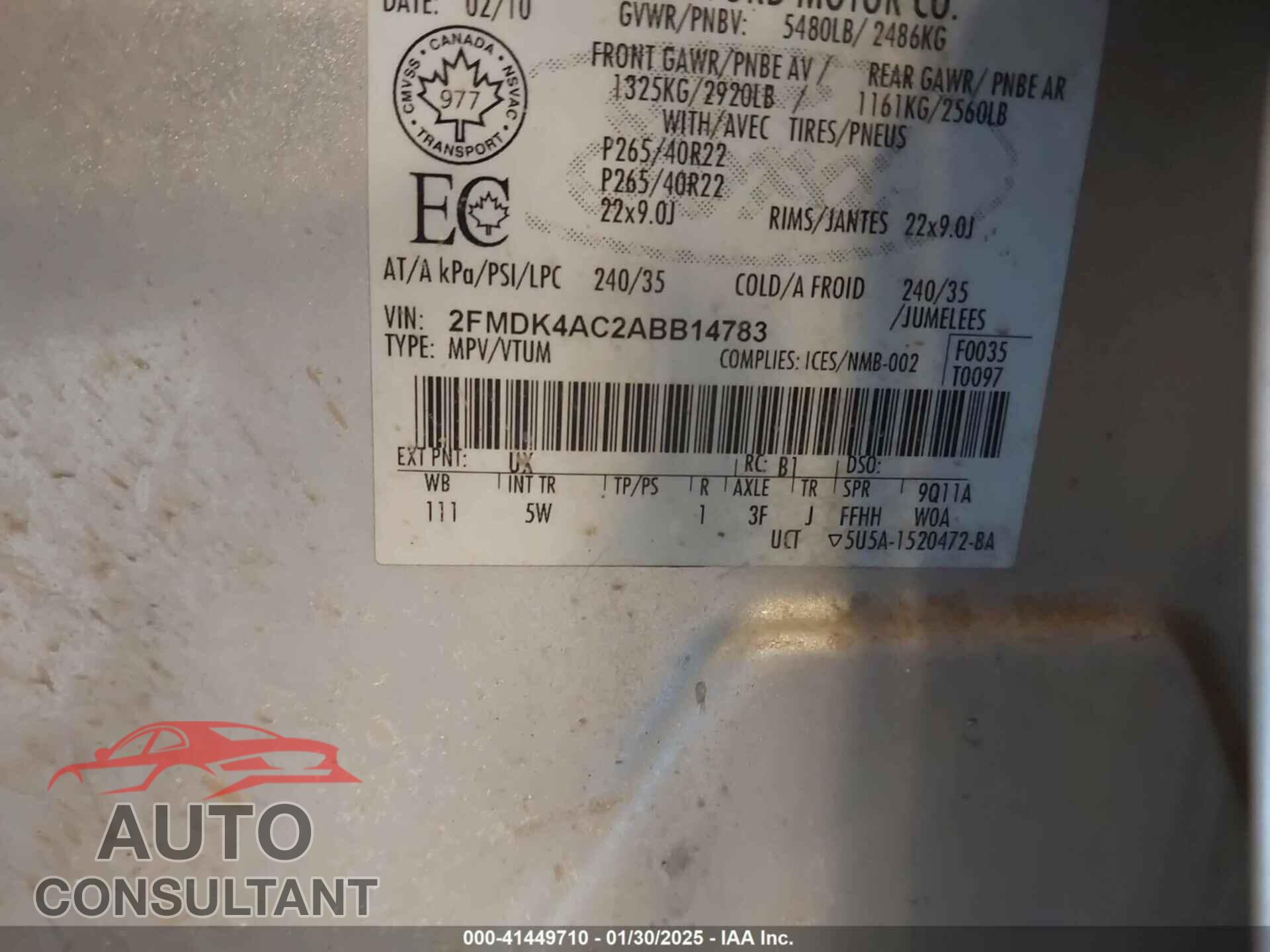 FORD EDGE 2010 - 2FMDK4AC2ABB14783