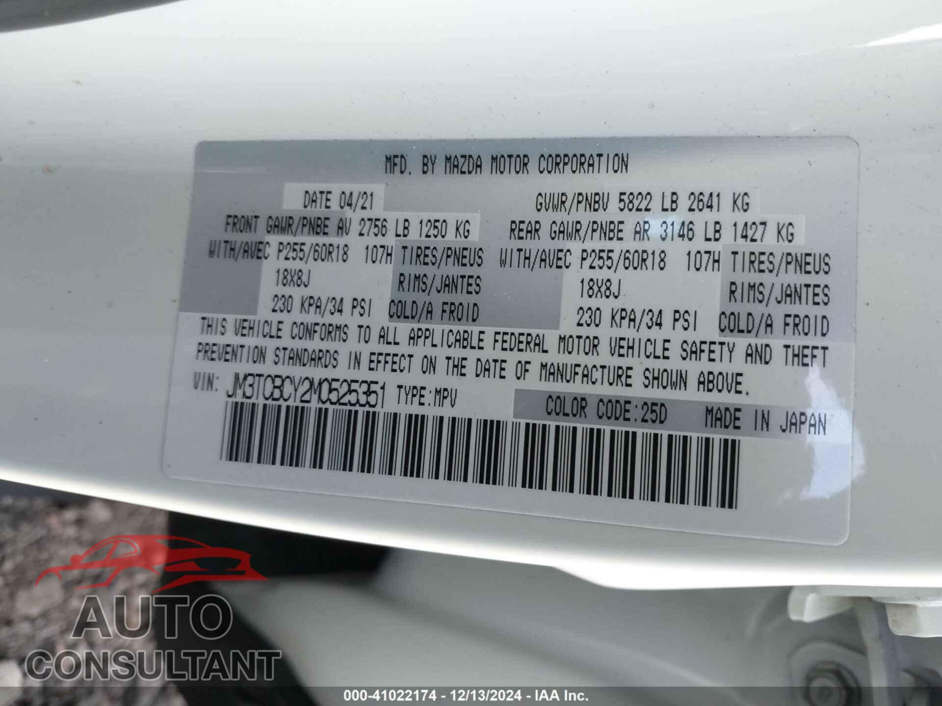 MAZDA CX-9 2021 - JM3TCBCY2M0525351