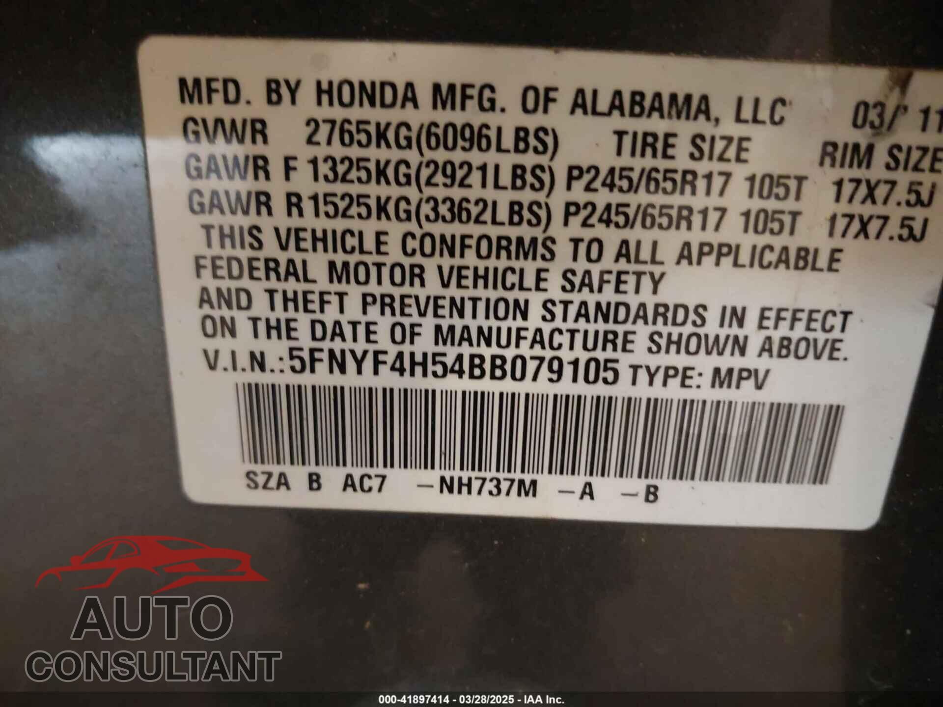 HONDA PILOT 2011 - 5FNYF4H54BB079105