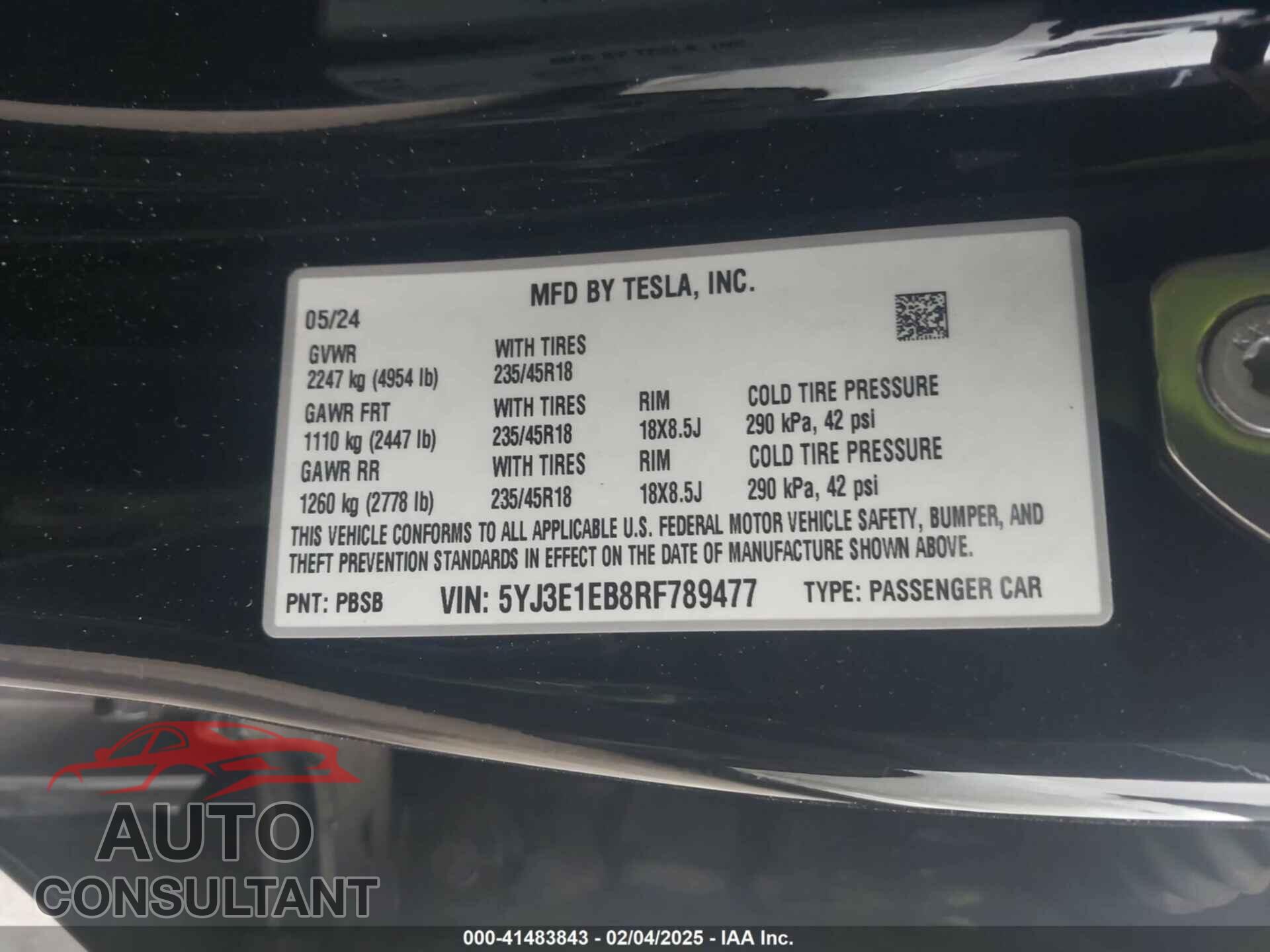 TESLA MODEL 3 2024 - 5YJ3E1EB8RF789477