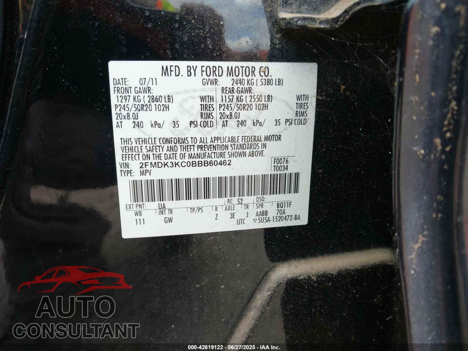 FORD EDGE 2011 - 2FMDK3KC0BBB60462