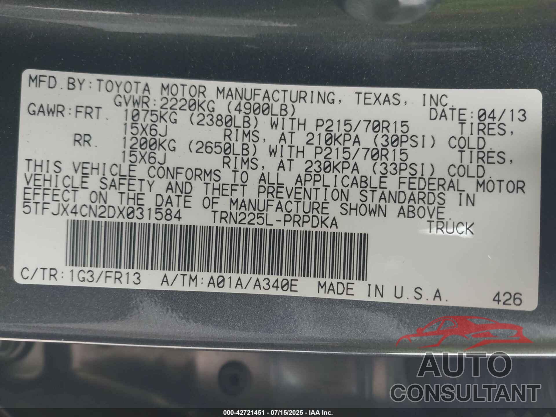 TOYOTA TACOMA 2013 - 5TFJX4CN2DX031584