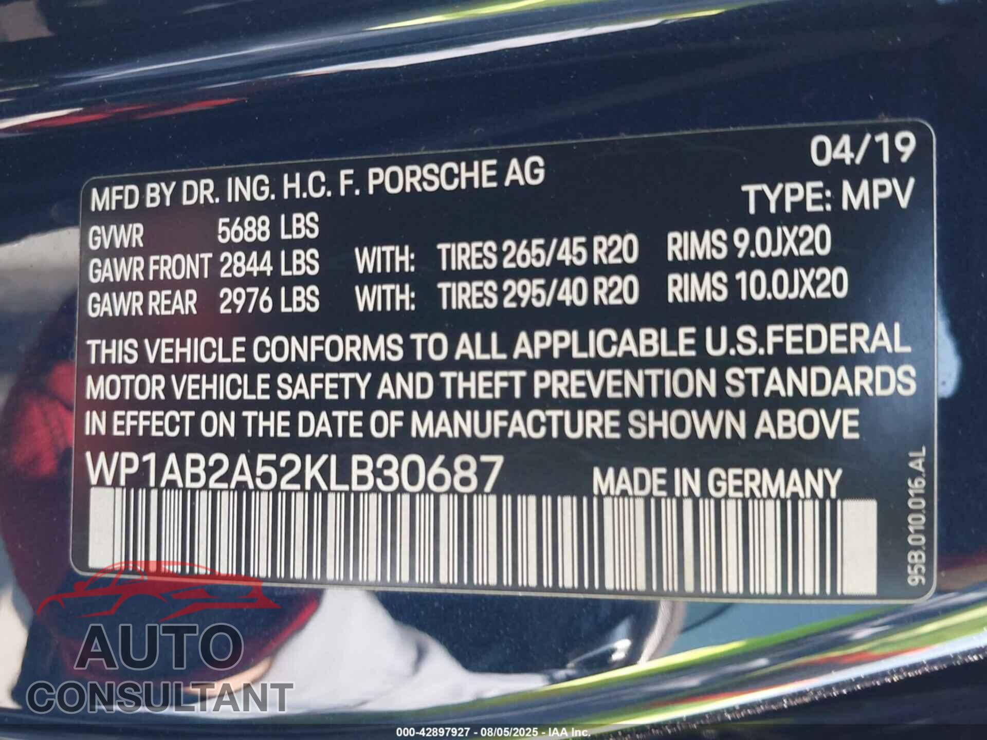 PORSCHE MACAN 2019 - WP1AB2A52KLB30687