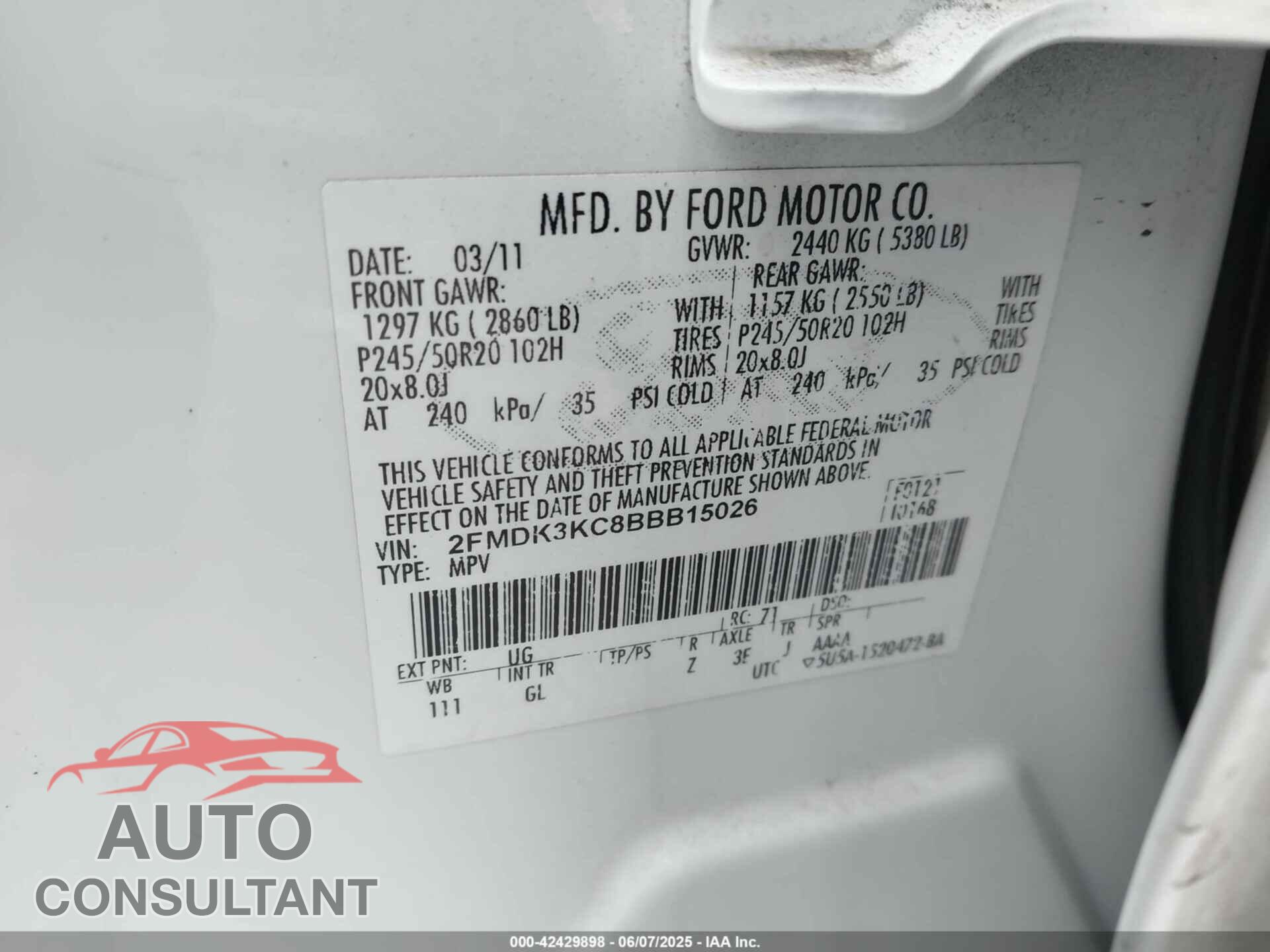 FORD EDGE 2011 - 2FMDK3KC8BBB15026