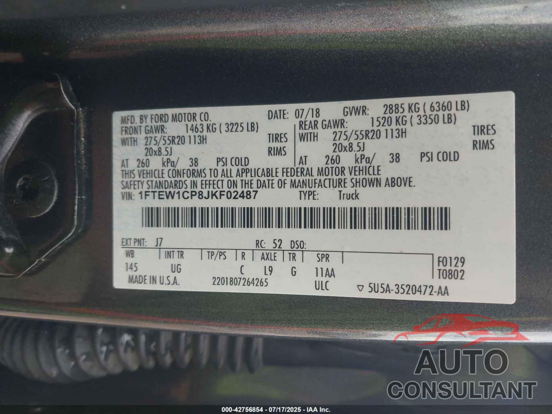 FORD F-150 2018 - 1FTEW1CP8JKF02487