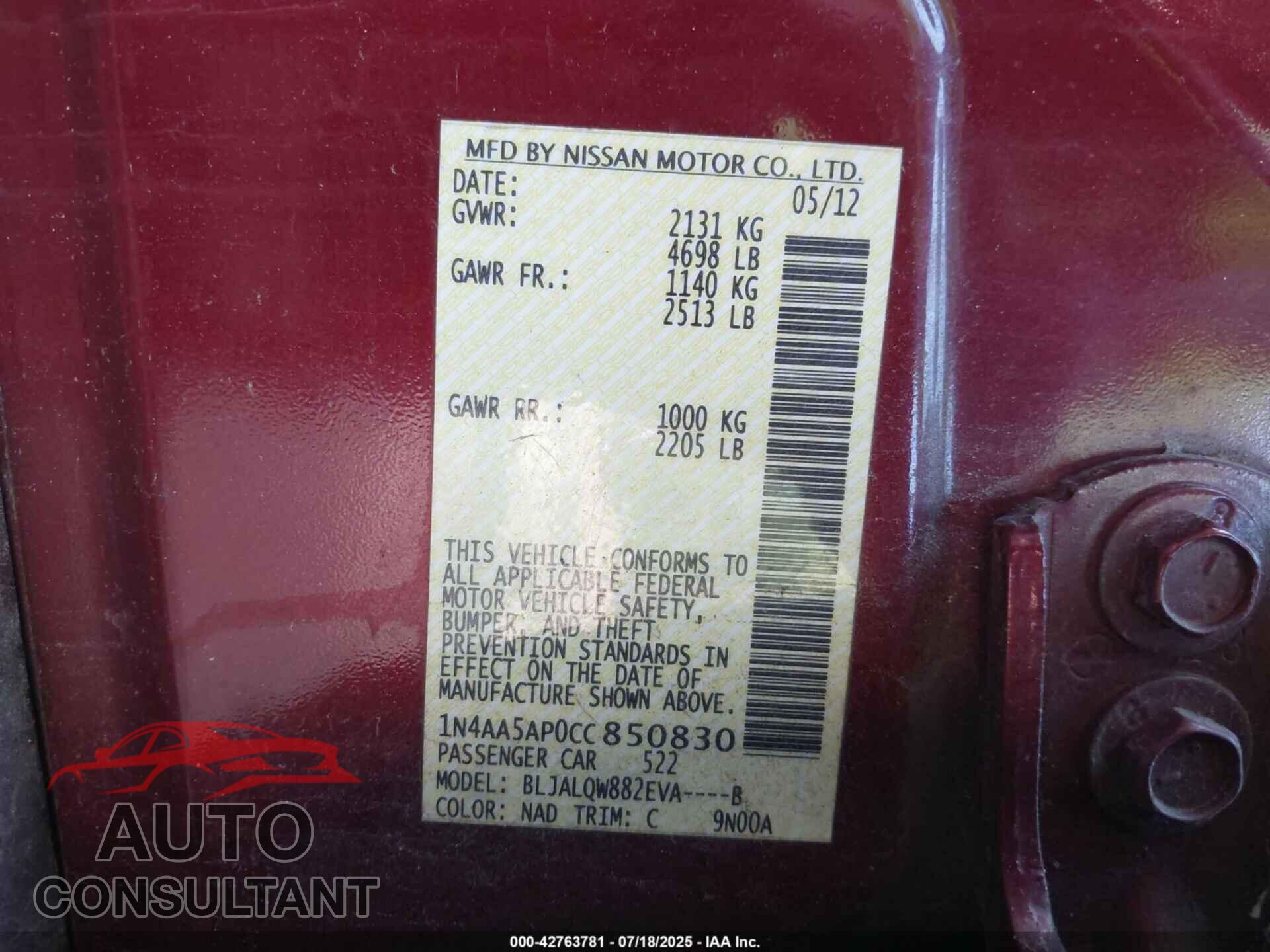 NISSAN MAXIMA 2012 - 1N4AA5AP0CC850830