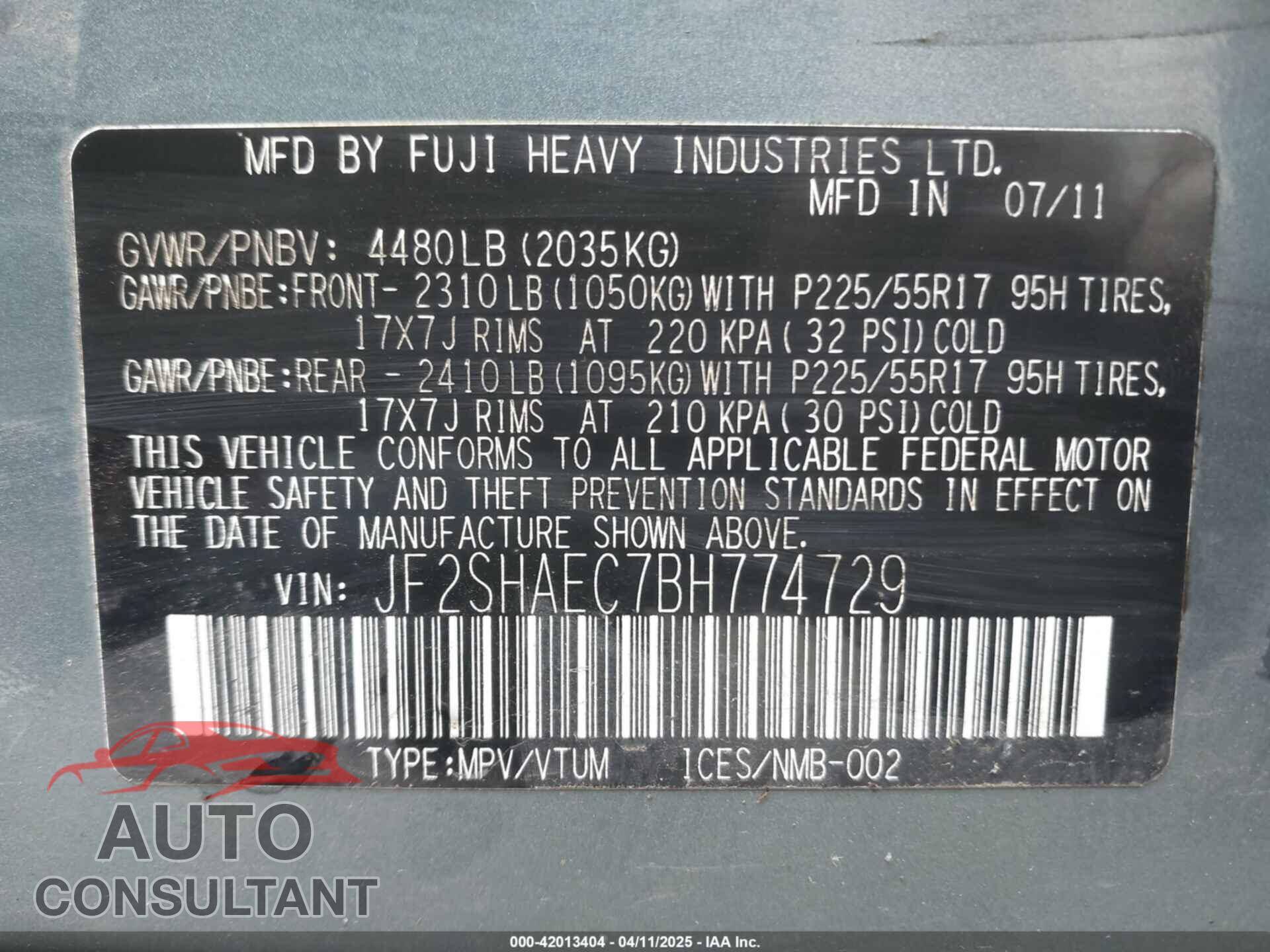 SUBARU FORESTER 2011 - JF2SHAEC7BH774729